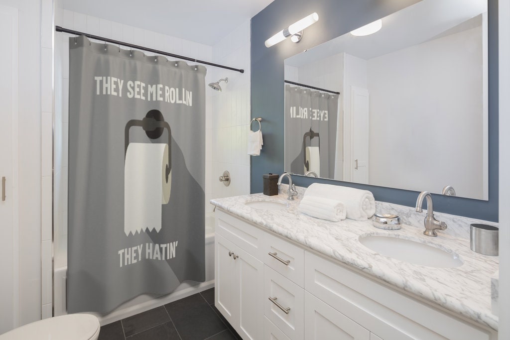 Roll on the floor laughing with this They See Me Rollin Fun Gray Adult Humor Shower Curtain - Image 2