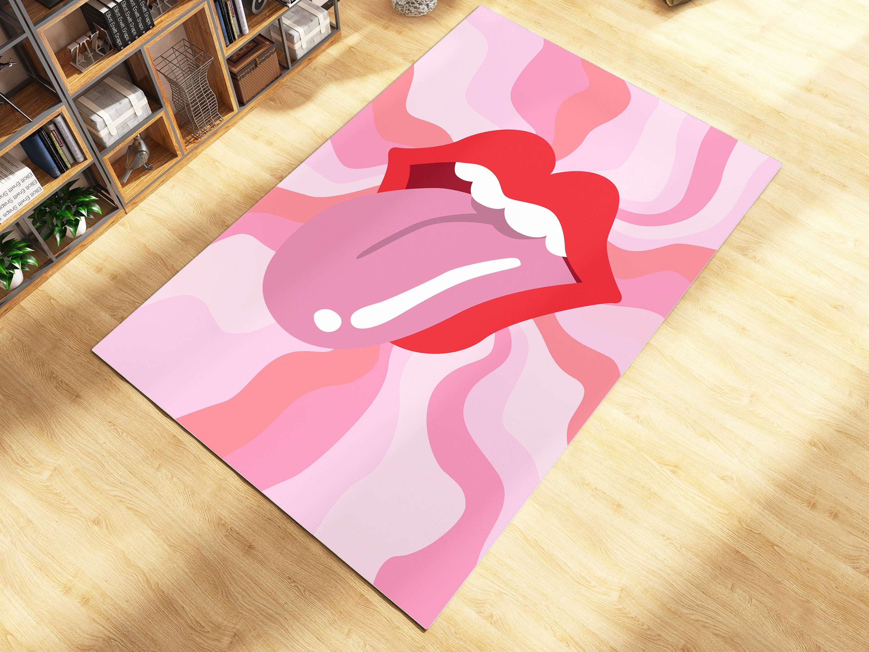 Rolling Stone Groovy Retro Trippy Rug - Wavy Hippie 70s Indie Room Decor, Pink Funky Rug with 70s Bathroom Rug Set