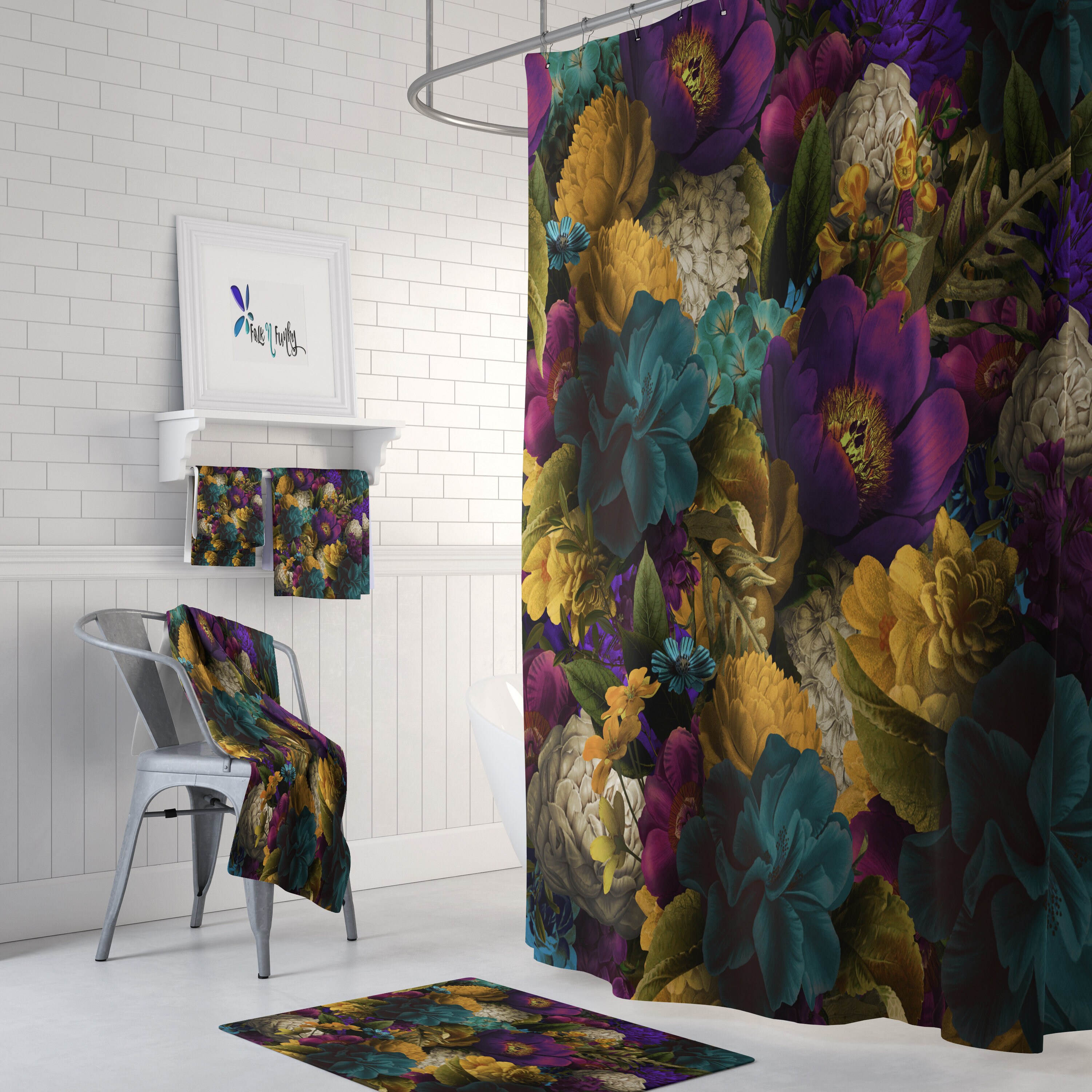 Romantic Floral Shower Curtain - Delicate Bath Curtain with Matching Towels and Mat for Romantic Bathroom Decor