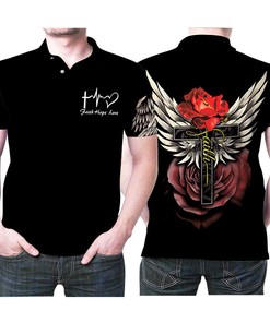 Rose Cross Lamb Angel Wings Polo Shirt - All Over Print 3D T-Shirt with Personalized Design and Breathable Fabric