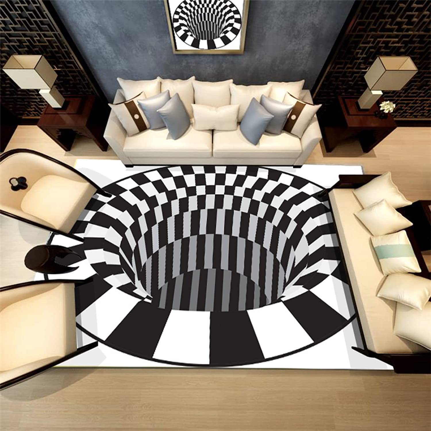 Rug 3D Vortex Optical Illusion Rug - Fluffy Carpet with Anti-Skid Floor Mat - Ideal for Living Room and Home Décor