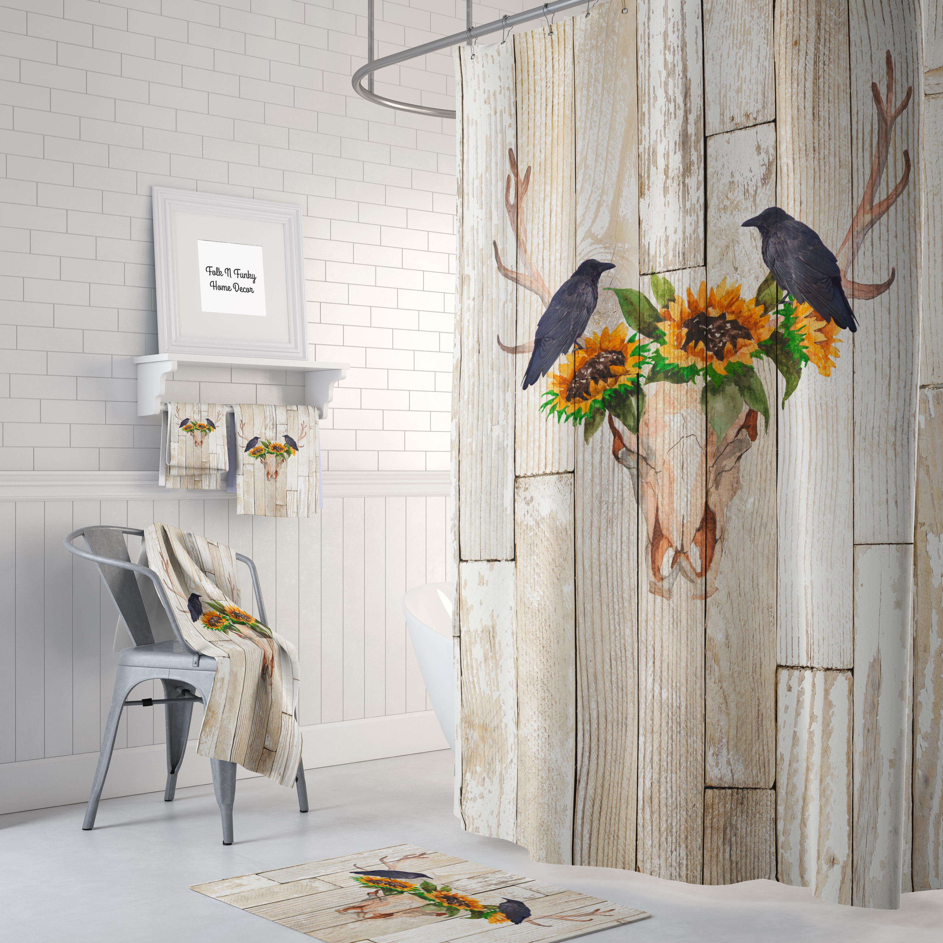 Rustic Antler Sunshine Crow Vintage Bathroom Shower Curtains, Optional Bath Towels Mat Bathroom Set