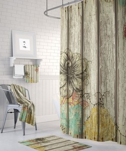 Rustic Barn Wood Floral Shower Curtain - Farmhouse Bath Curtain with Optional Towels