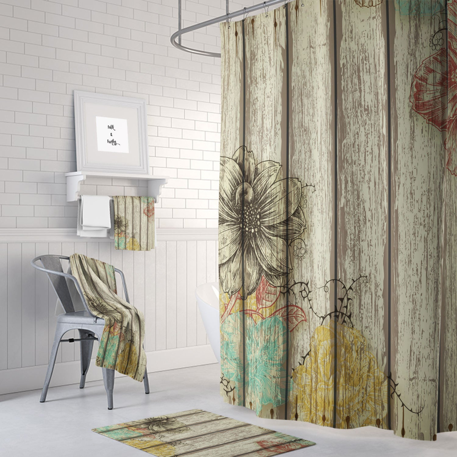 Rustic Barn Wood Floral Shower Curtain - Farmhouse Bath Curtain with Optional Towels