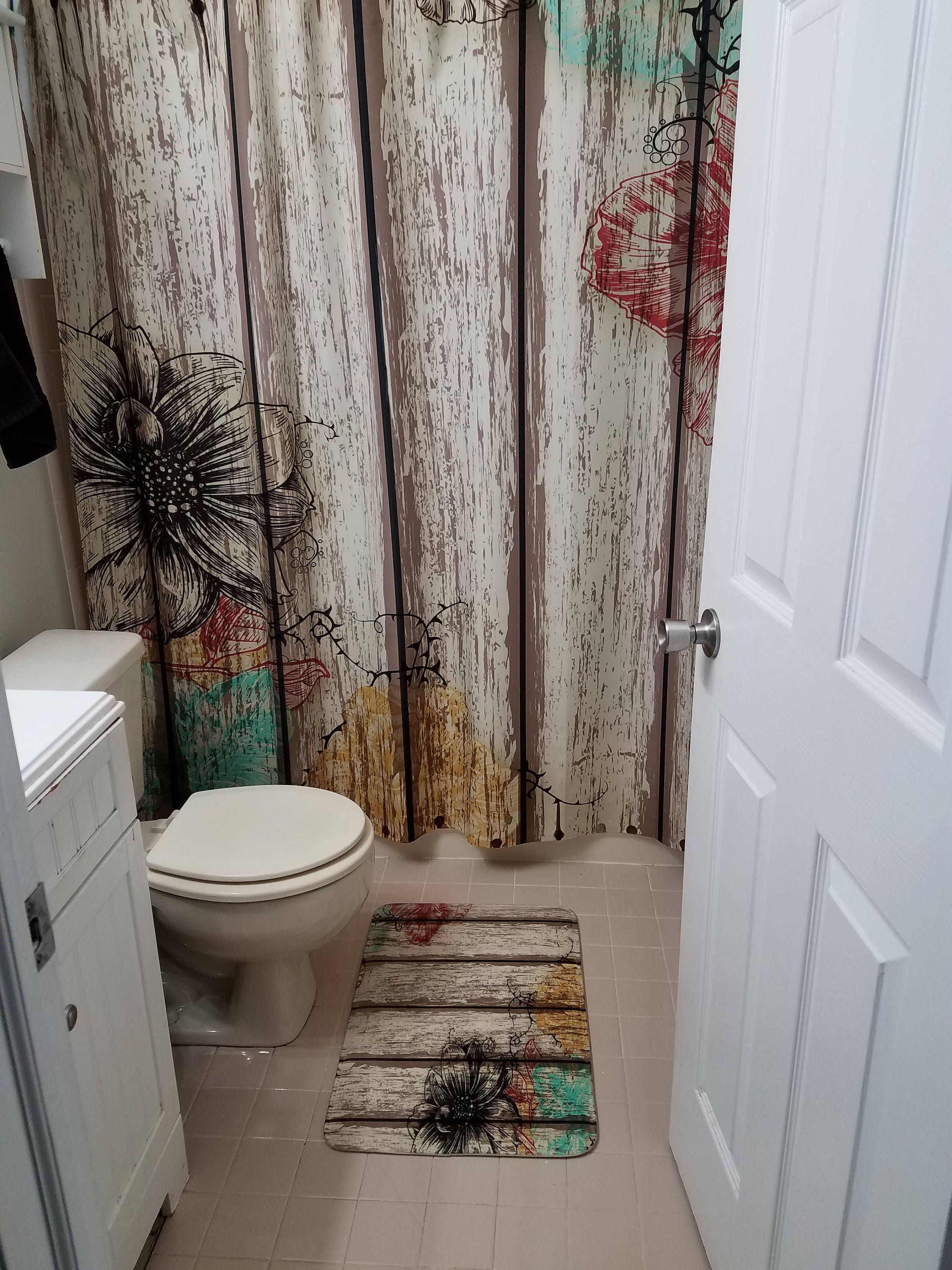 Rustic Barn Wood Floral Shower Curtain - Farmhouse Bath Curtain with Optional Towels - Image 2