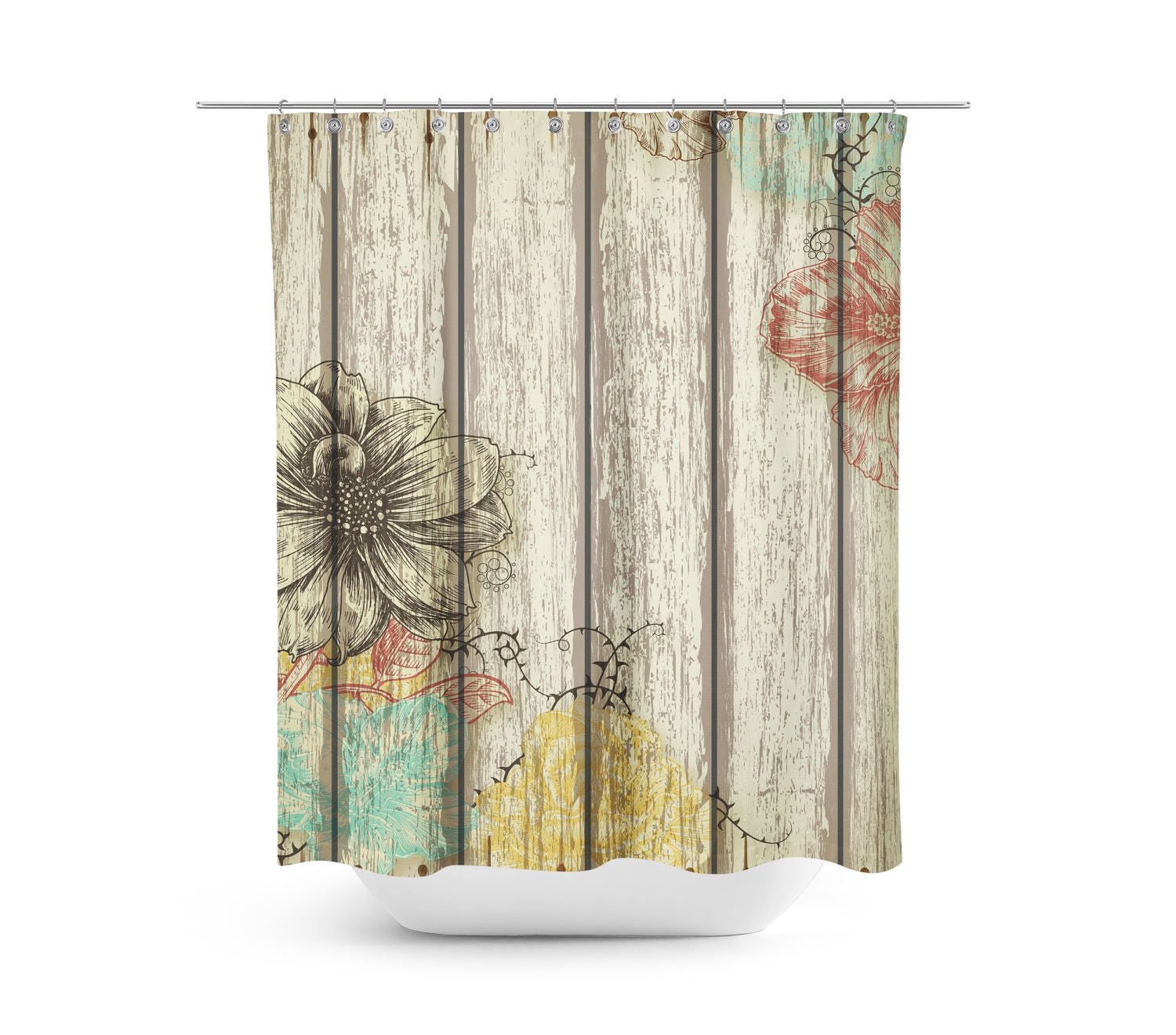 Rustic Barn Wood Floral Shower Curtain - Farmhouse Bath Curtain with Optional Towels - Image 3