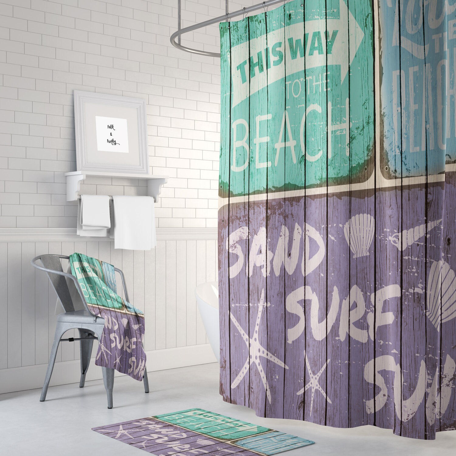 Rustic Beach Sign Coastal Shower Curtain, Bath Mat, Bath Towels Included for Best Shower Curtains Decor