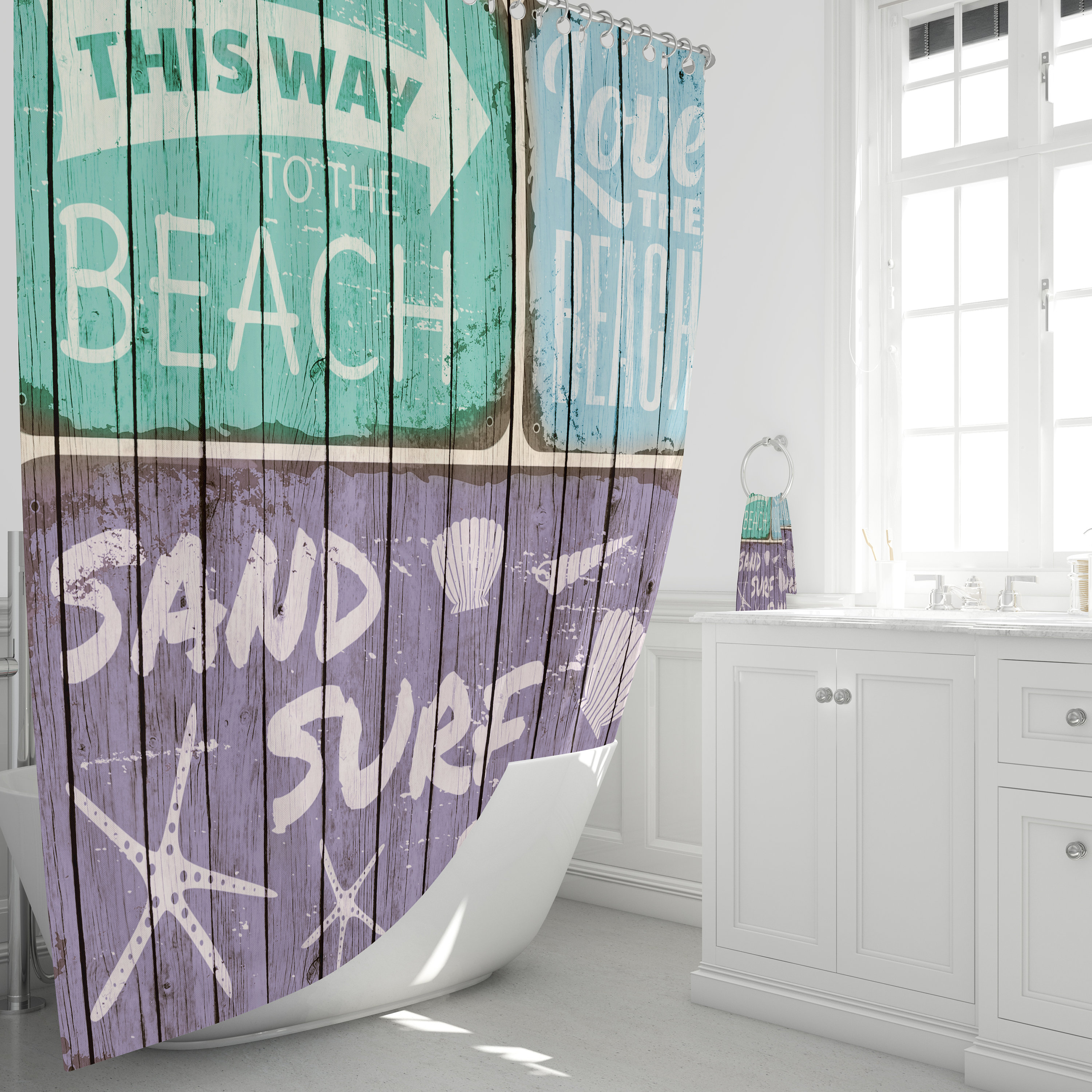 Rustic Beach Sign Coastal Shower Curtain, Bath Mat, Bath Towels Included for Best Shower Curtains Decor - Image 2
