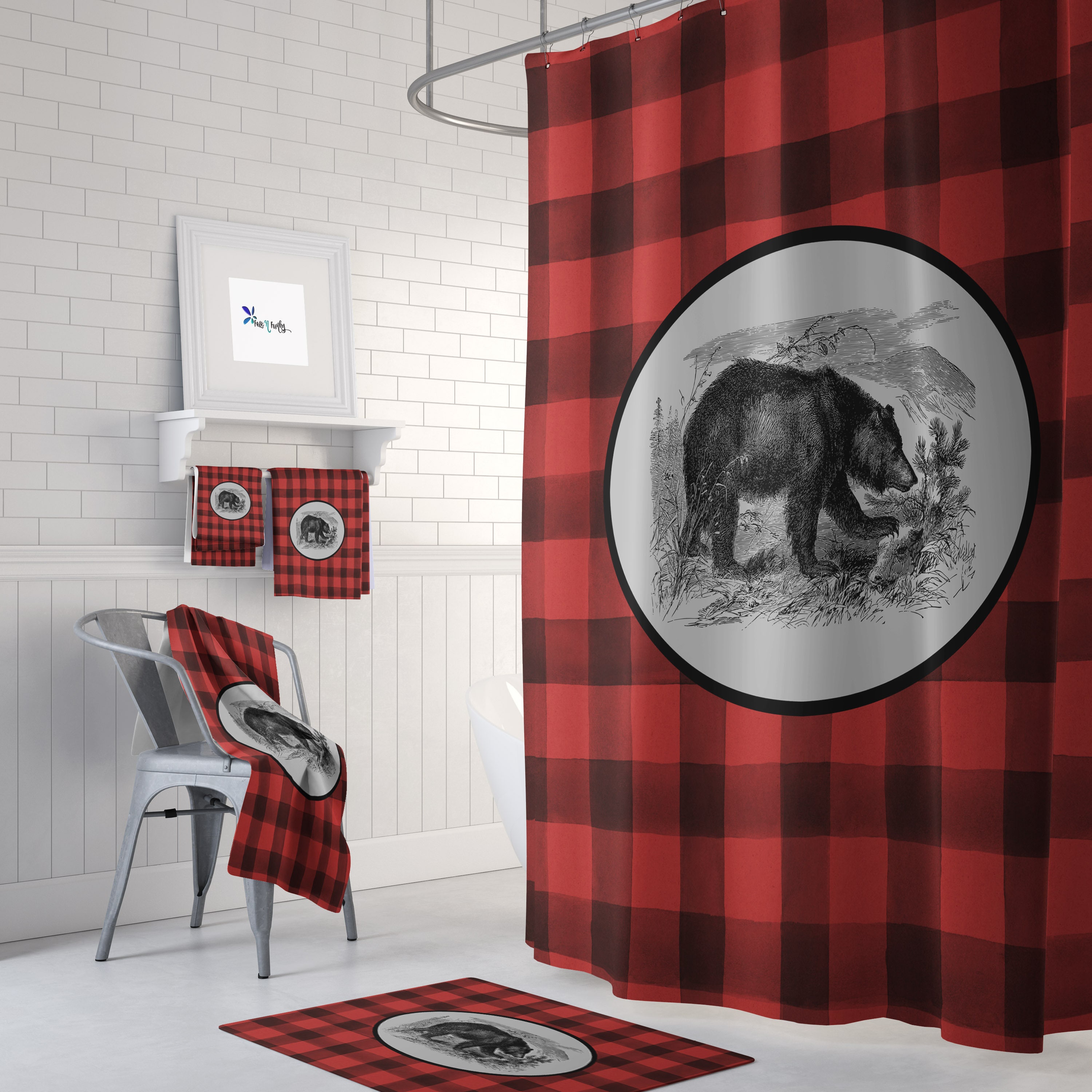 Rustic Buffalo Plaid Bear Shower Curtain Set with Woodland Bath Accessories