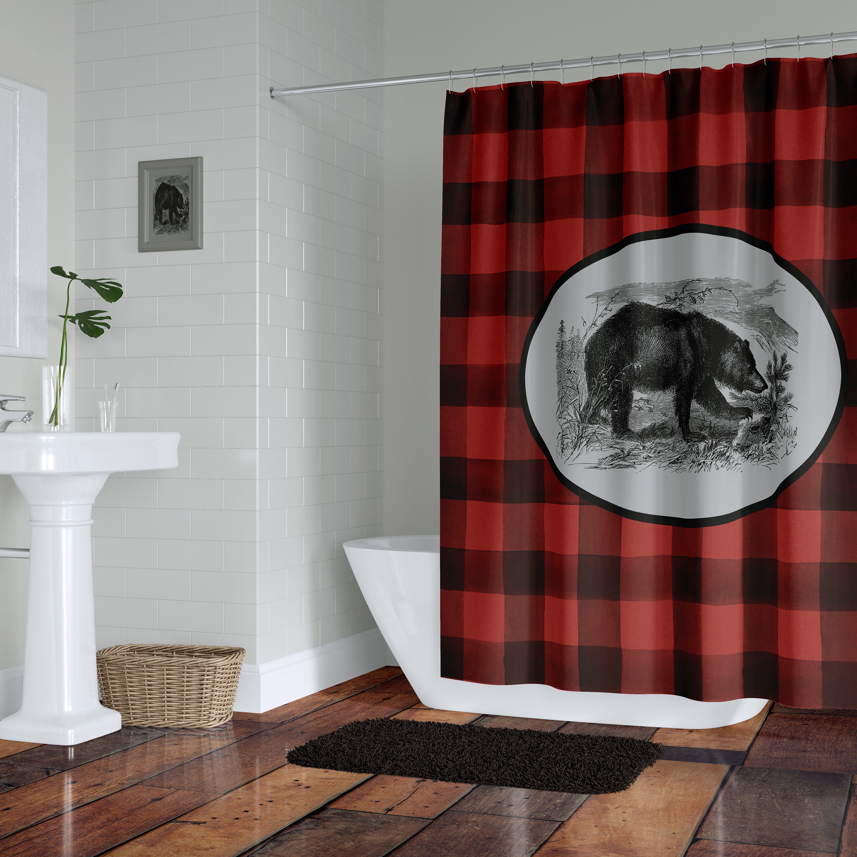 Rustic Buffalo Plaid Bear Shower Curtain Set with Woodland Bath Accessories - Image 2
