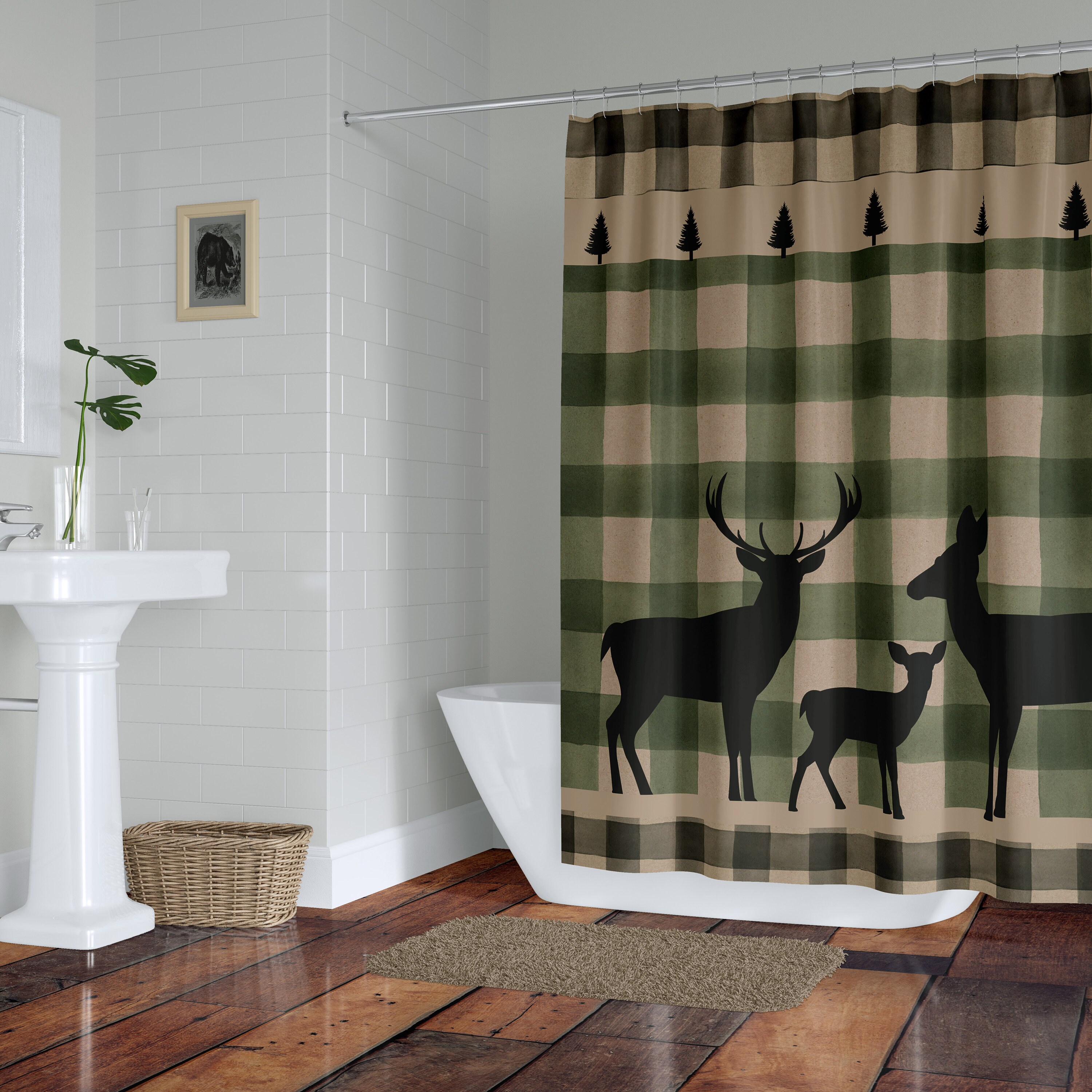 Rustic Buffalo Plaid Deer Shower Curtain Set with Woodland Bath Accessories - Image 2