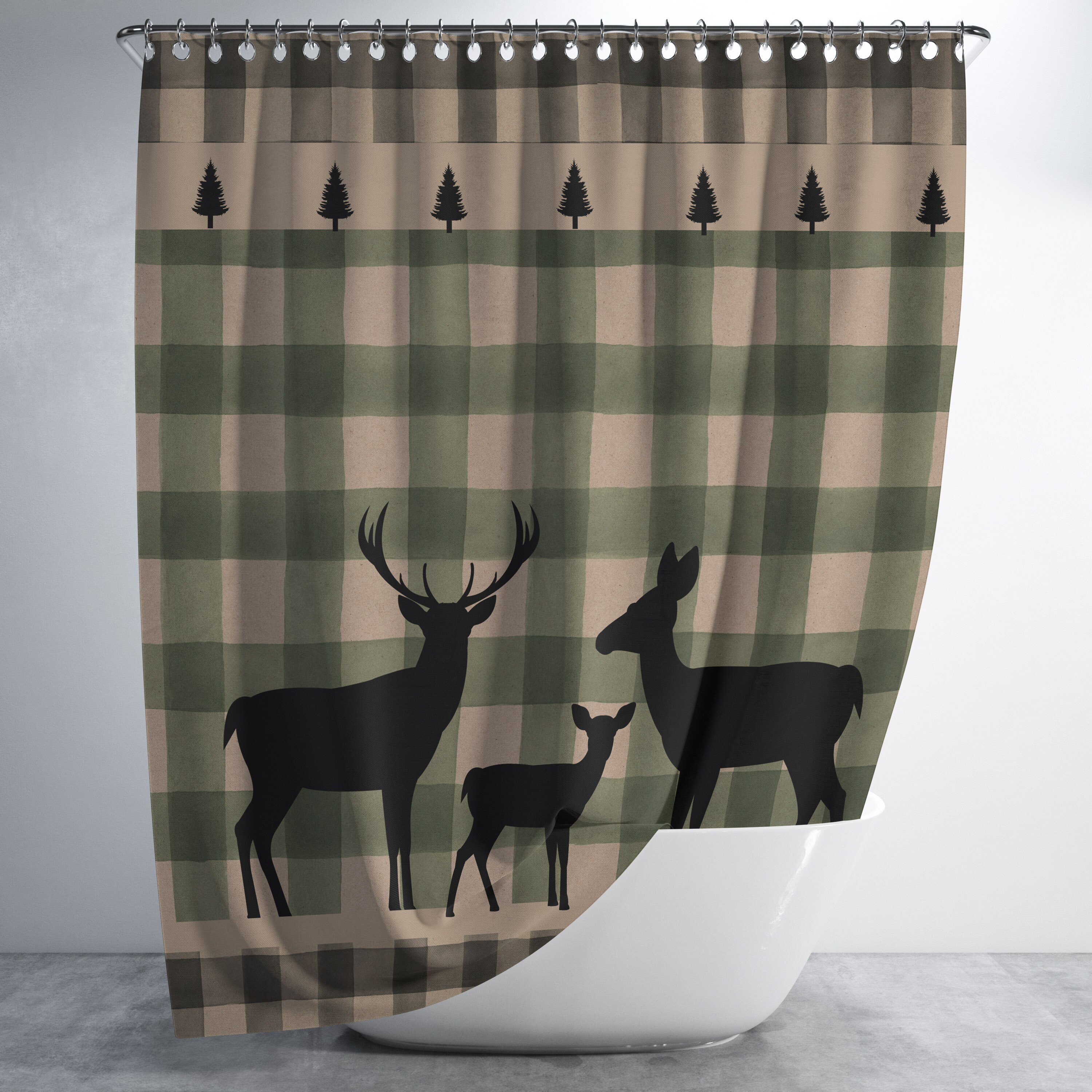 Rustic Buffalo Plaid Deer Shower Curtain Set with Woodland Bath Accessories - Image 3