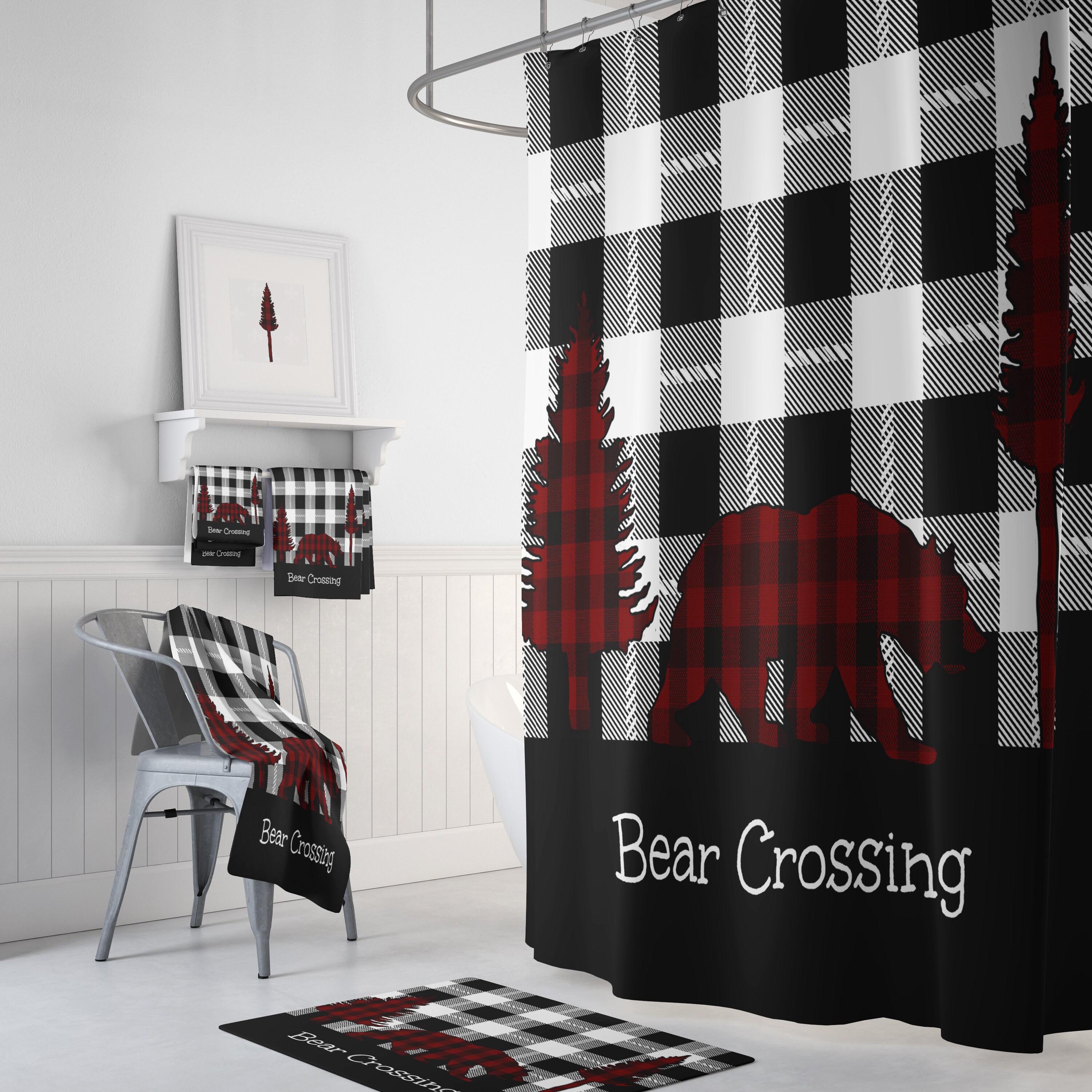 Rustic Buffalo Plaid Shower Curtain with Woodland Bear Bathroom Decor