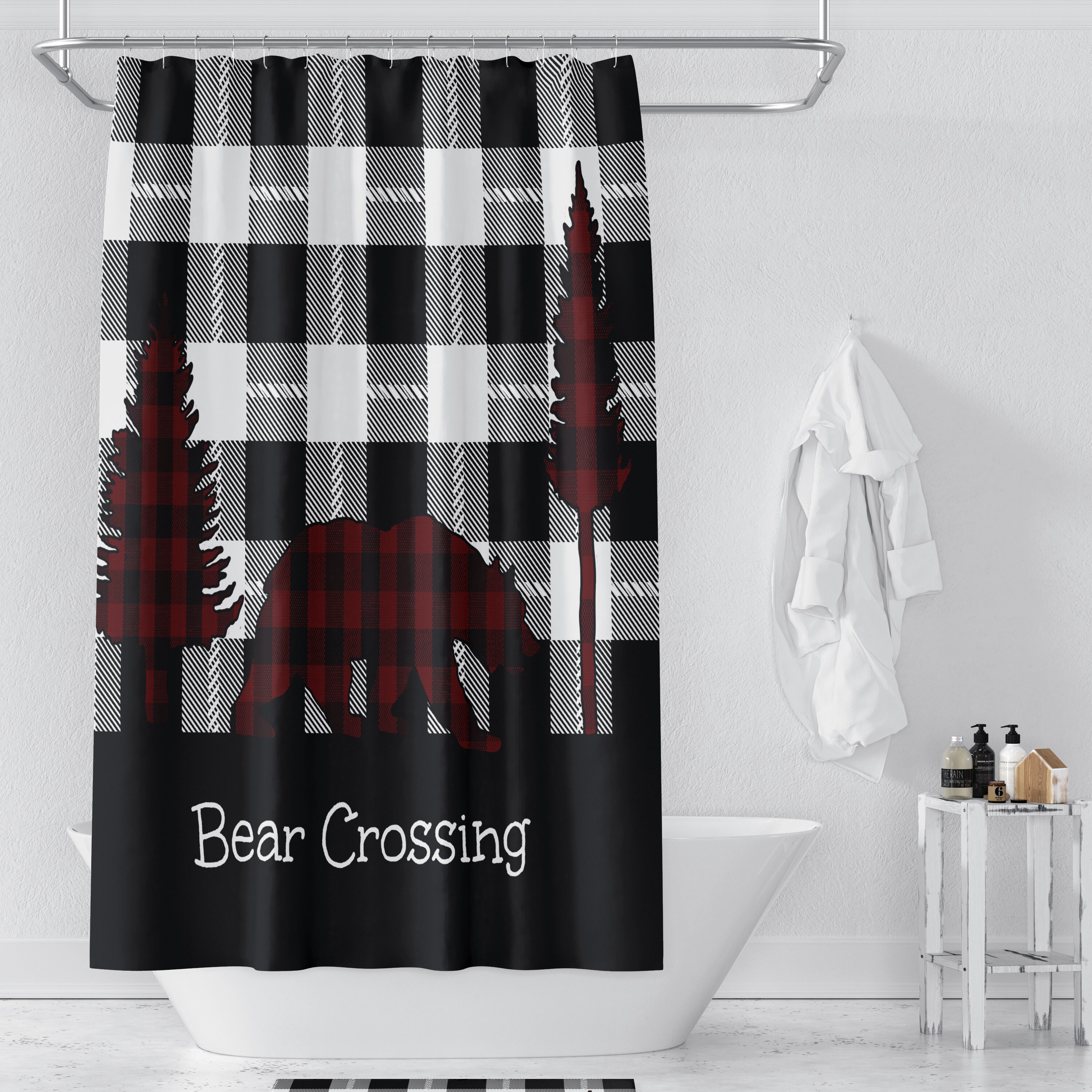 Rustic Buffalo Plaid Shower Curtain with Woodland Bear Bathroom Decor - Image 2