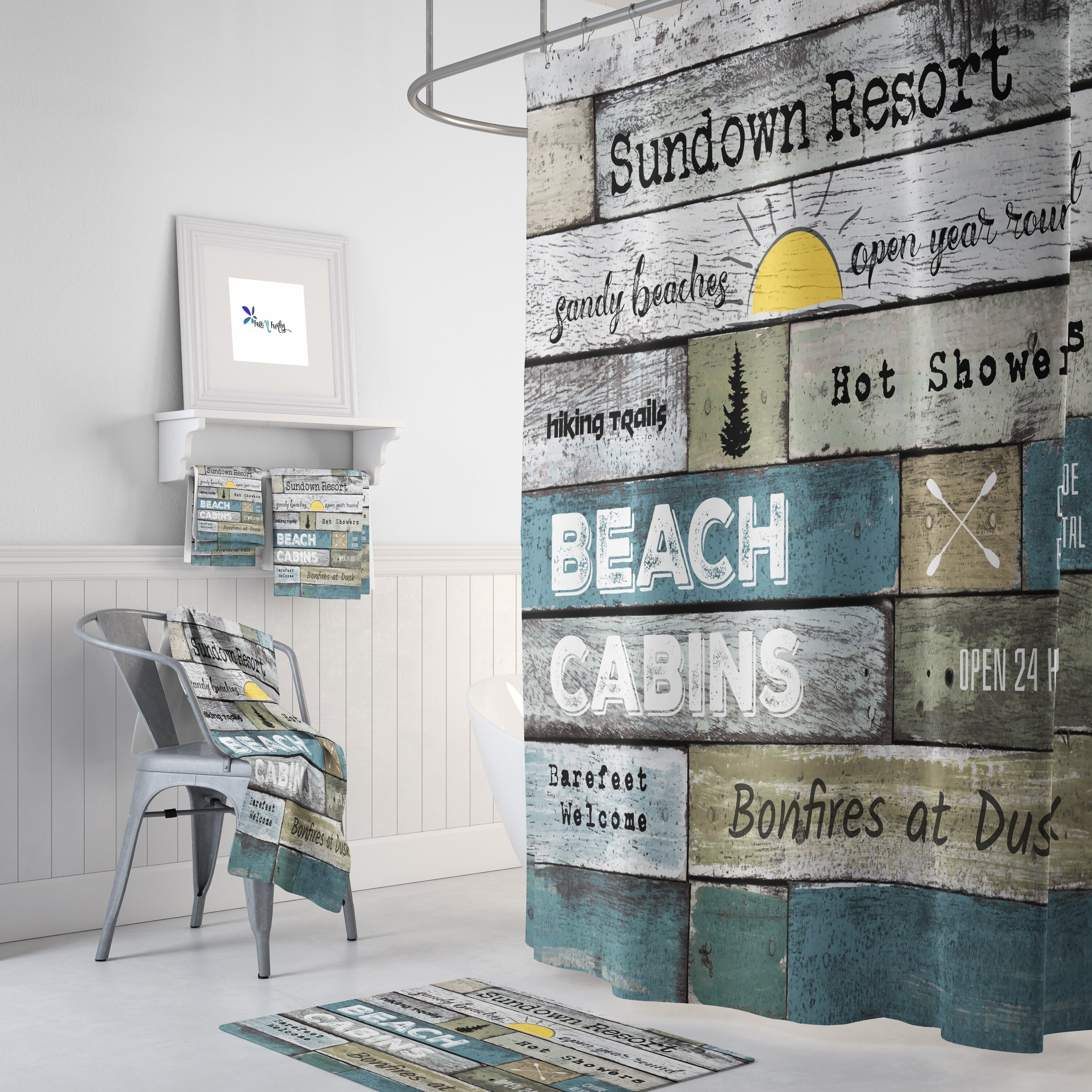 Rustic Coastal Beach Theme Shower Curtain with Resort Advertising Sign for a Relaxing Bathroom