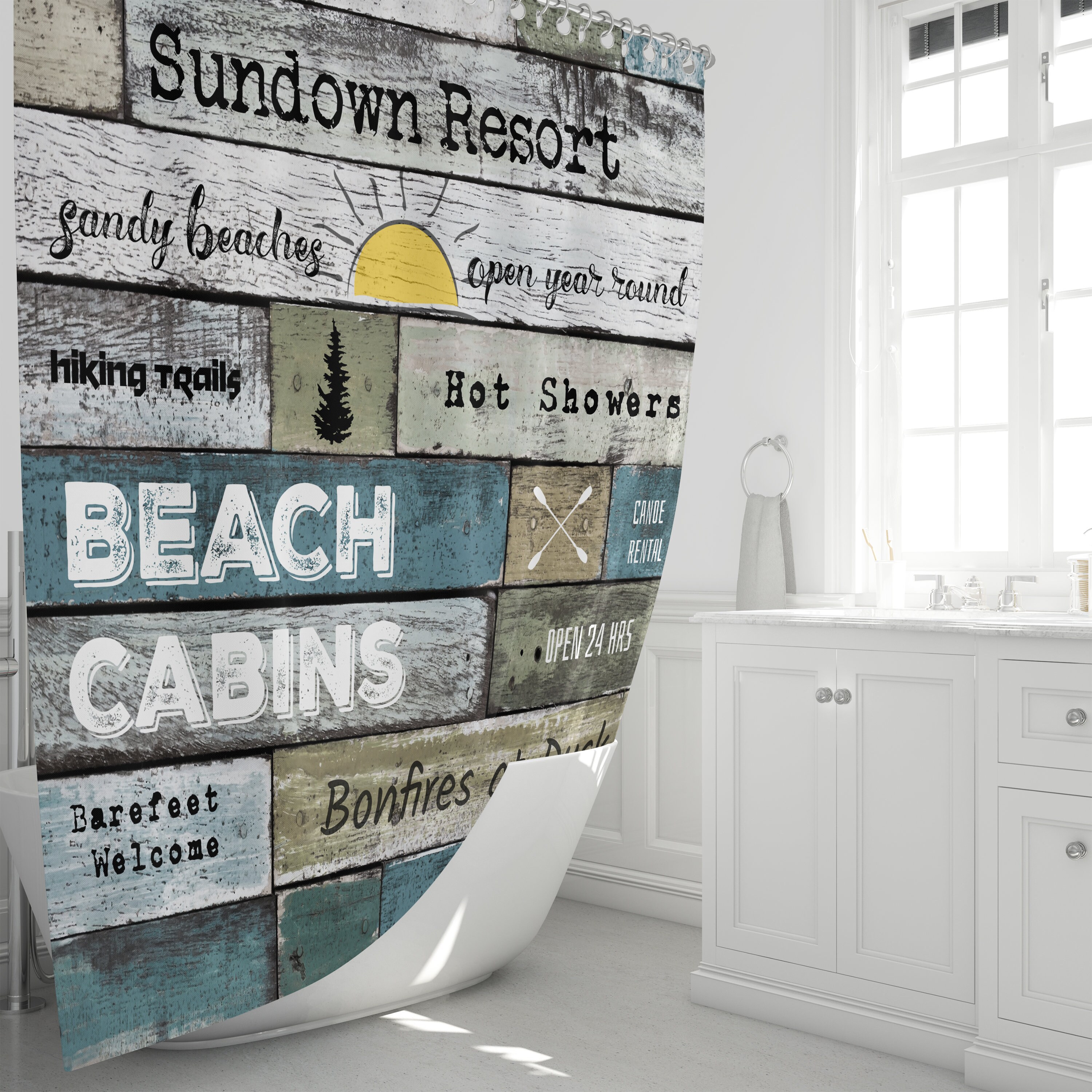 Rustic Coastal Beach Theme Shower Curtain with Resort Advertising Sign for a Relaxing Bathroom - Image 2
