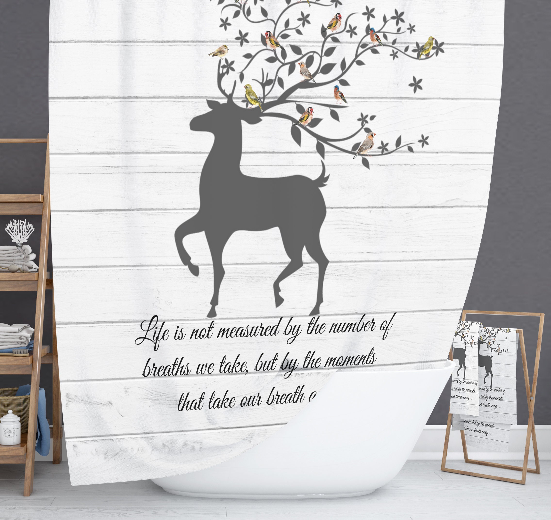Rustic Country Shower Curtain, Woodland Deer Bathroom Decor, Faux Wood and Rustic Design
