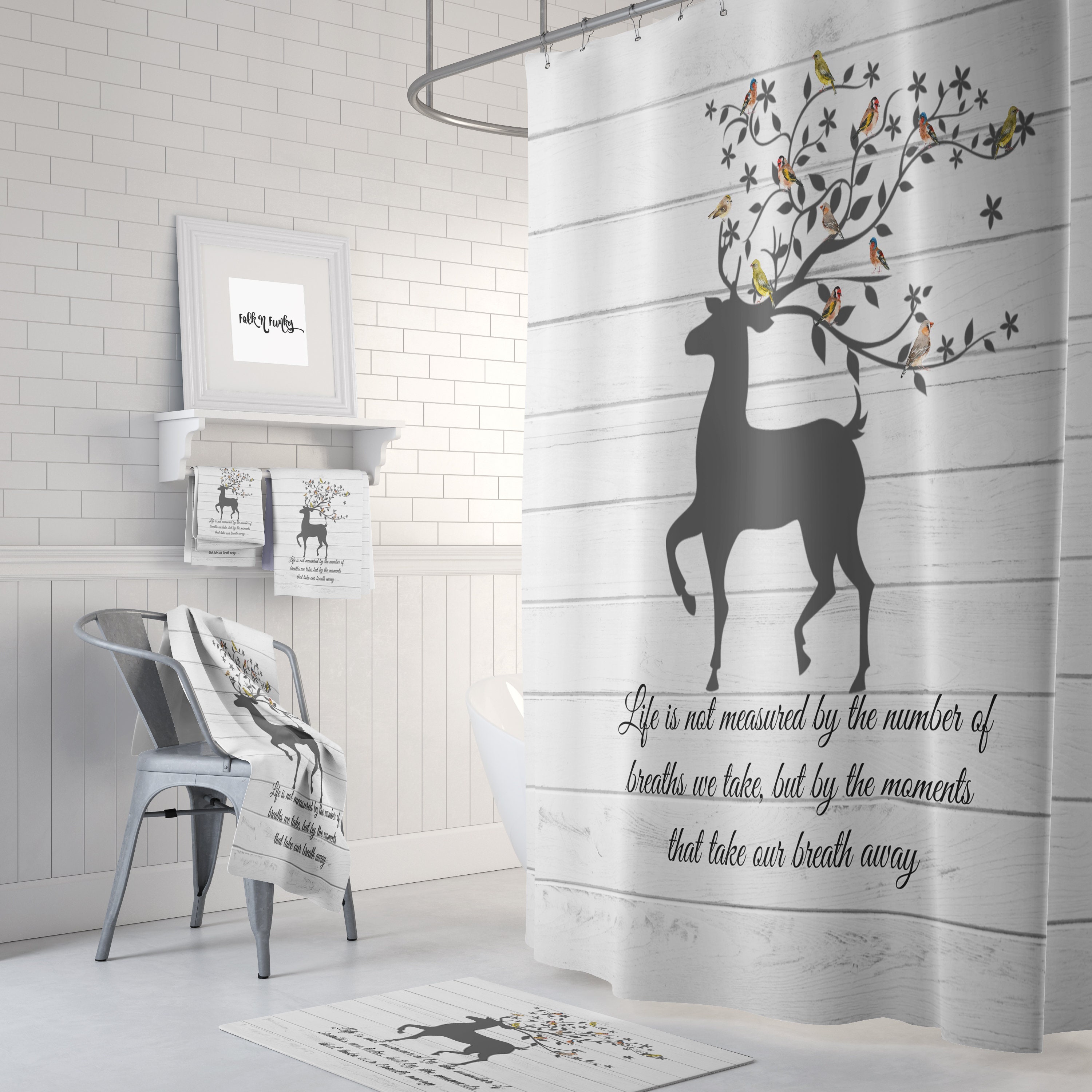 Rustic Country Shower Curtain, Woodland Deer Bathroom Decor, Faux Wood and Rustic Design - Image 2