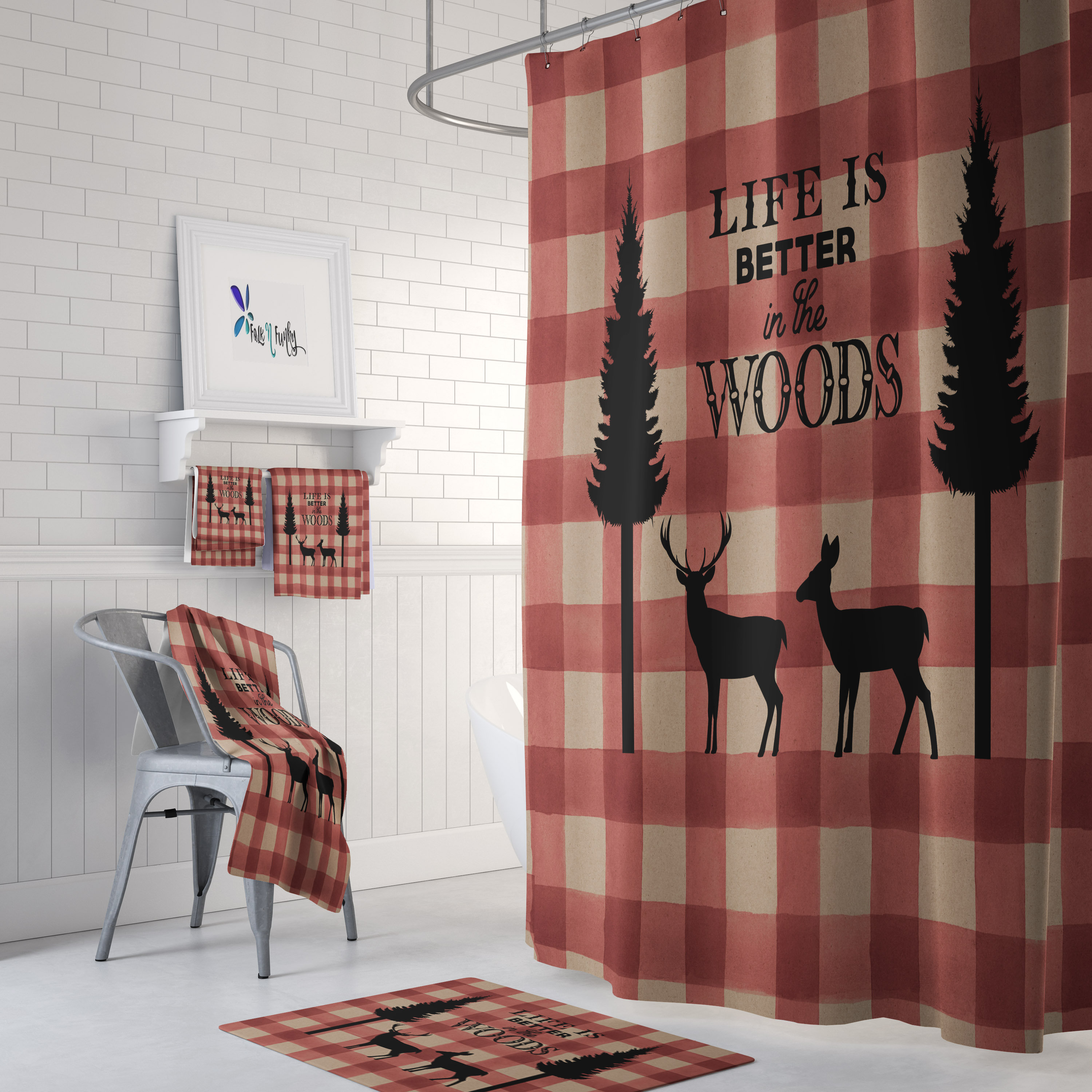 Rustic Deer Lodge Buffalo Plaid Shower Curtain Set with Optional Bathroom Accessories for a Woodland