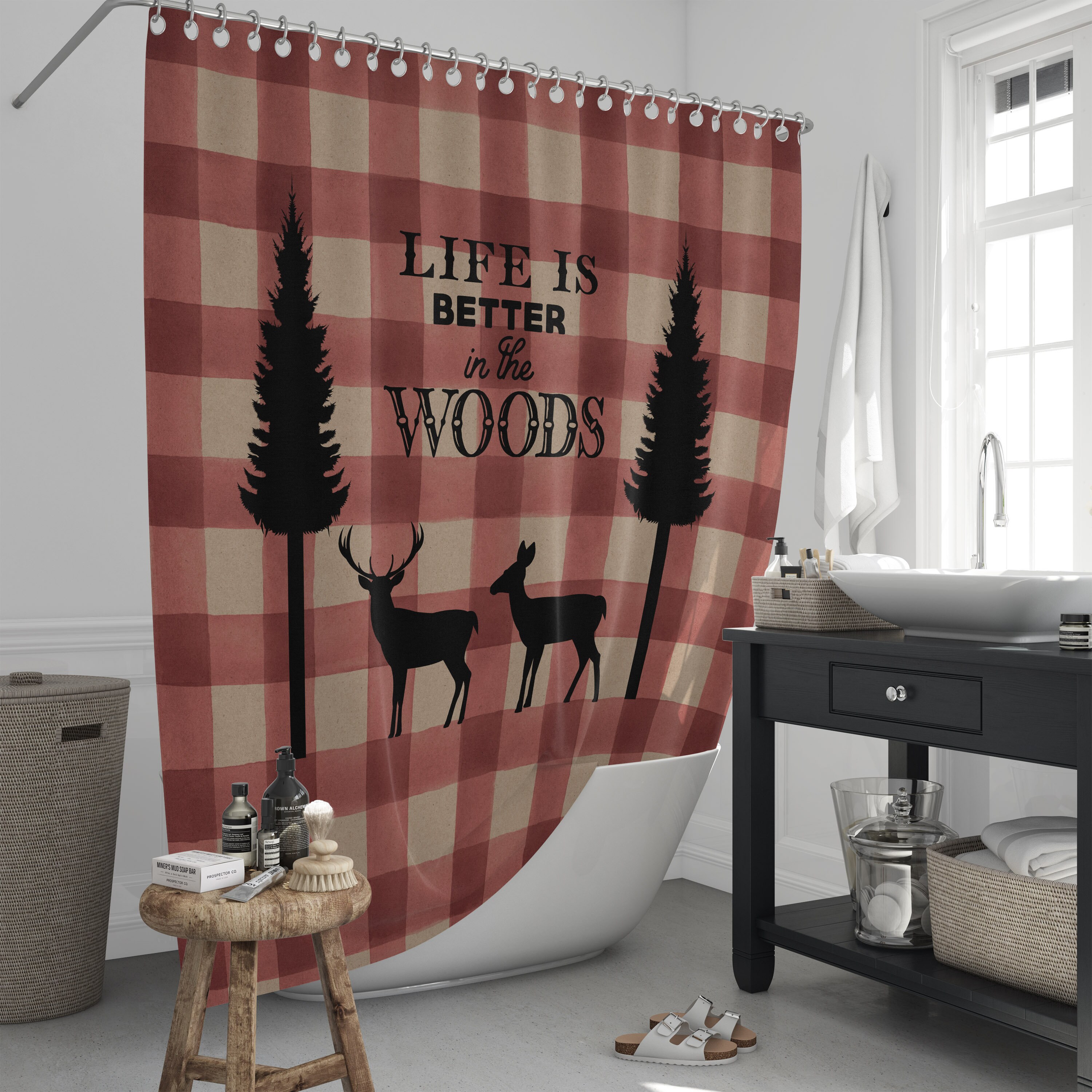 Rustic Deer Lodge Buffalo Plaid Shower Curtain Set with Optional Bathroom Accessories for a Woodland - Image 2