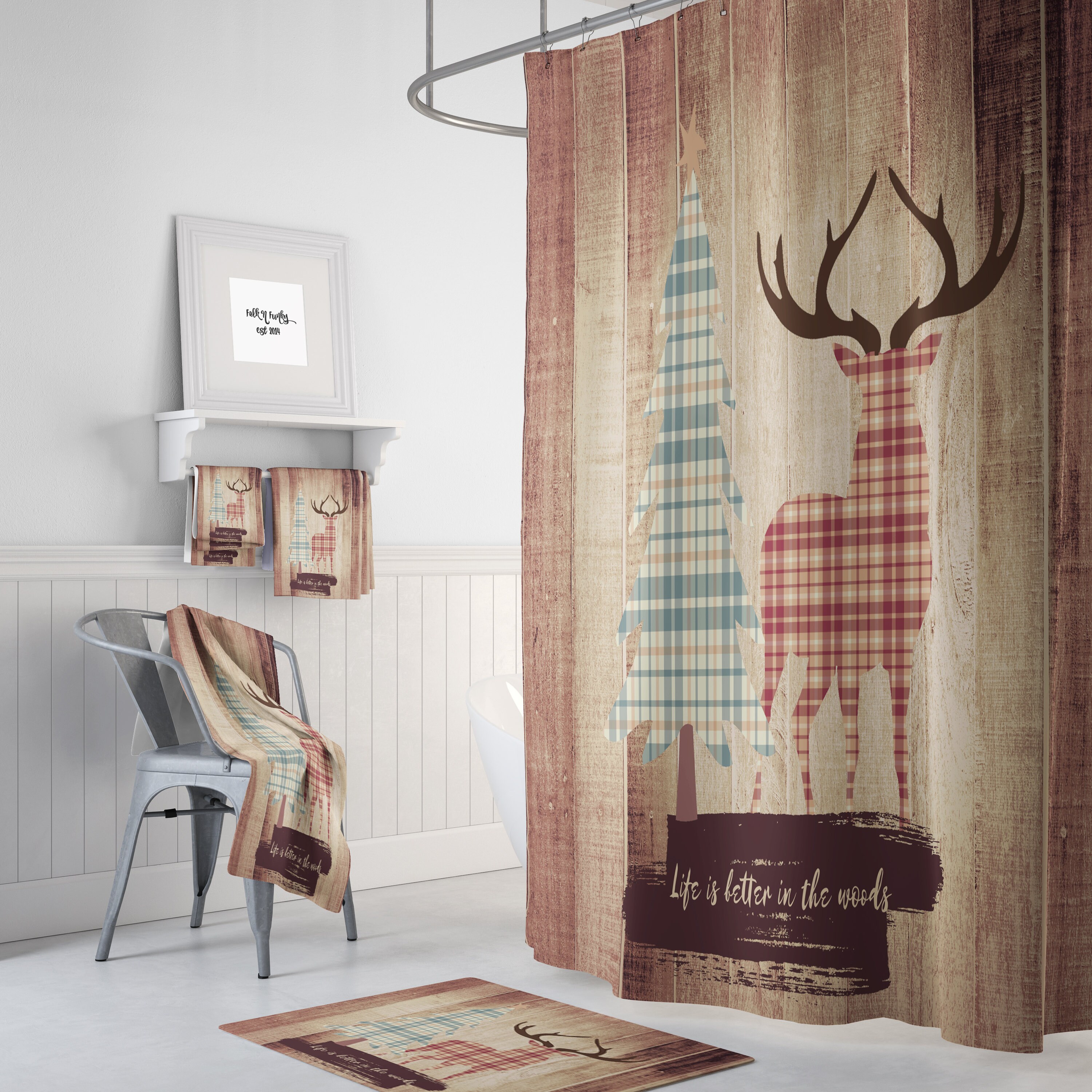 Rustic Deer Shower Curtain Set with Woodland Bath Accessories