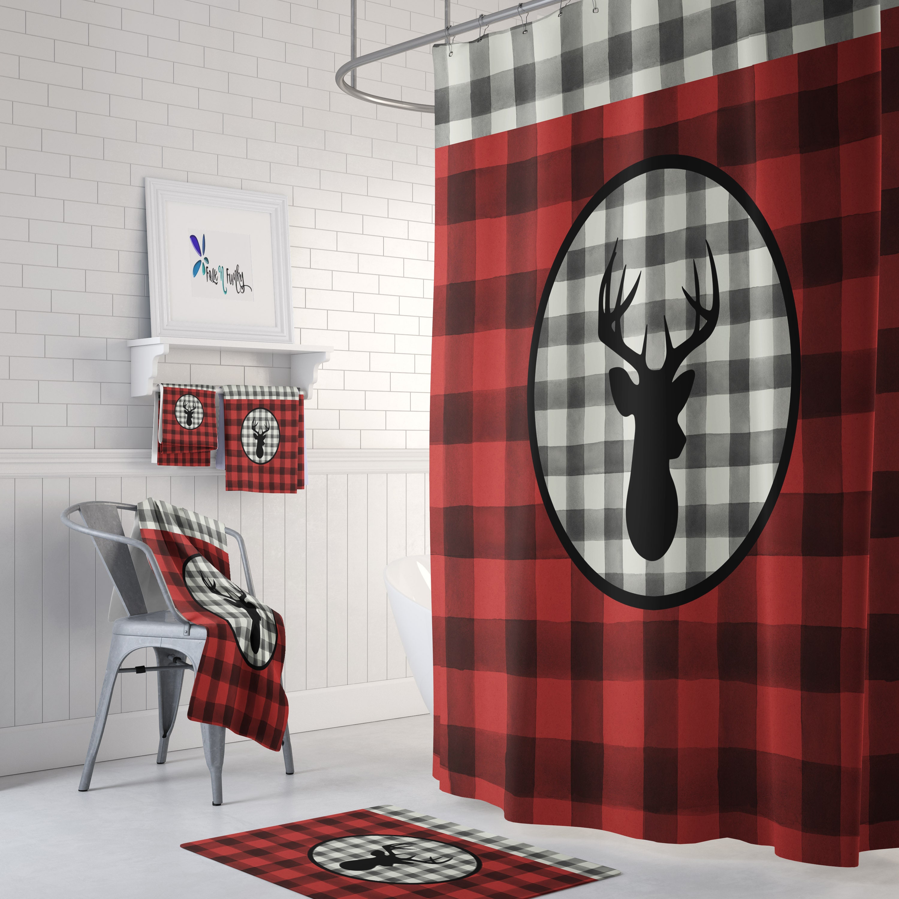Rustic Deer Shower Curtain with Buffalo Plaid Optional Bathroom Set