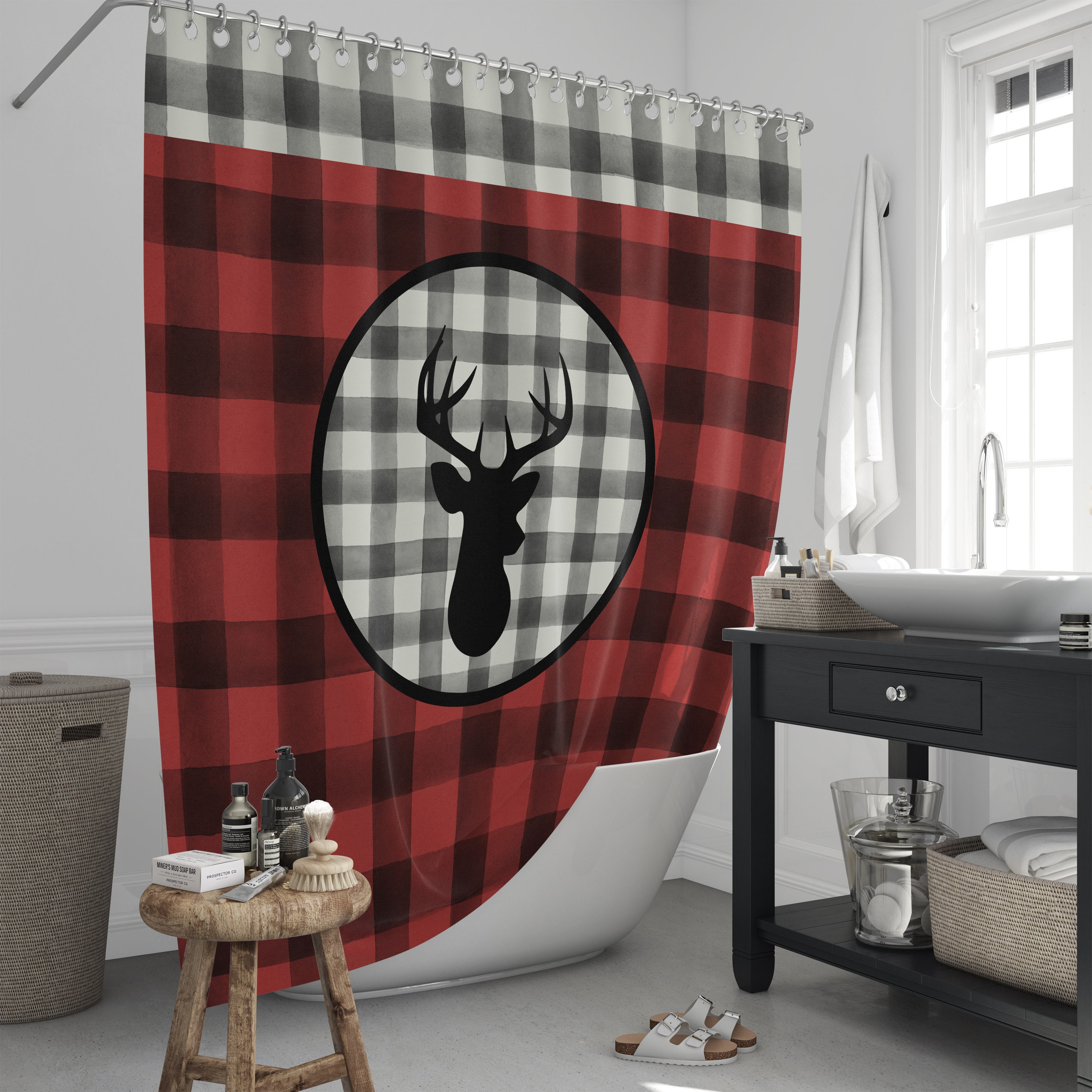 Rustic Deer Shower Curtain with Buffalo Plaid Optional Bathroom Set - Image 2