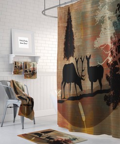 Rustic Deer Shower Curtain with Optional Matching Bath Mat and Towels for Woodland and Chalet-style Bathroom Decor
