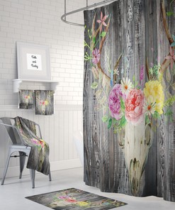 Rustic Faux Wood Deer Skull Floral Shower Curtain - Country Bath Curtain Bathroom Decor