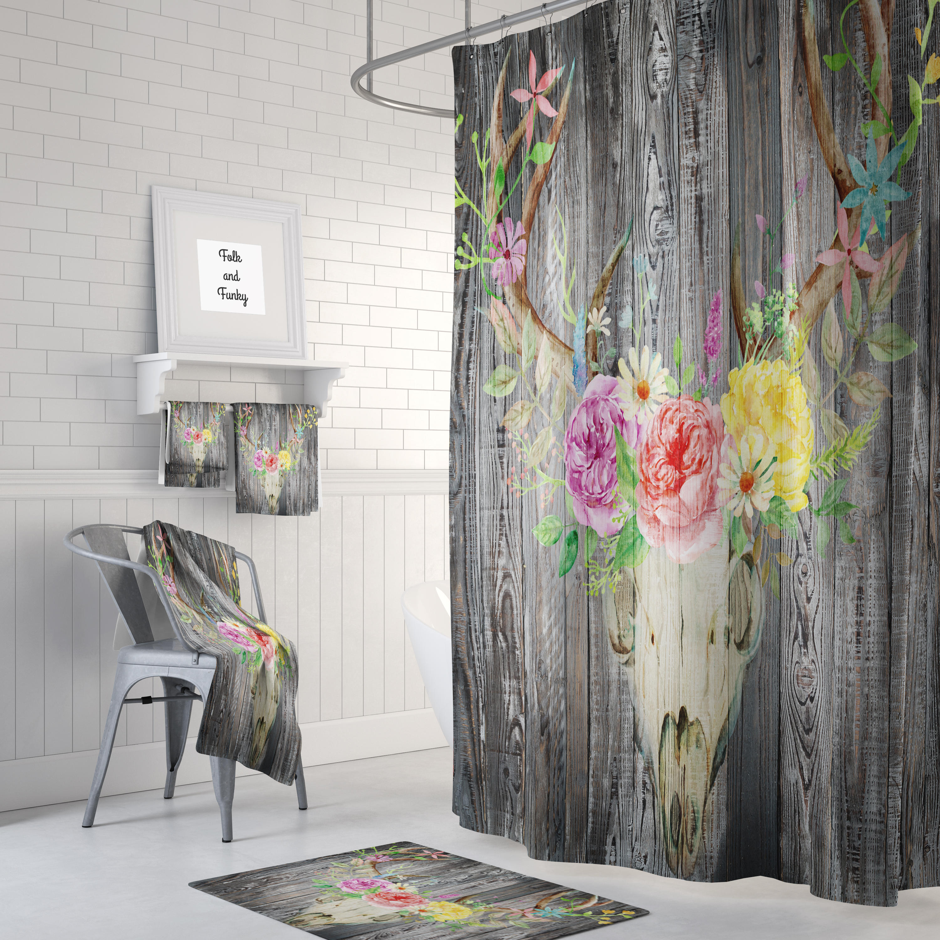 Rustic Faux Wood Deer Skull Floral Shower Curtain - Country Bath Curtain Bathroom Decor