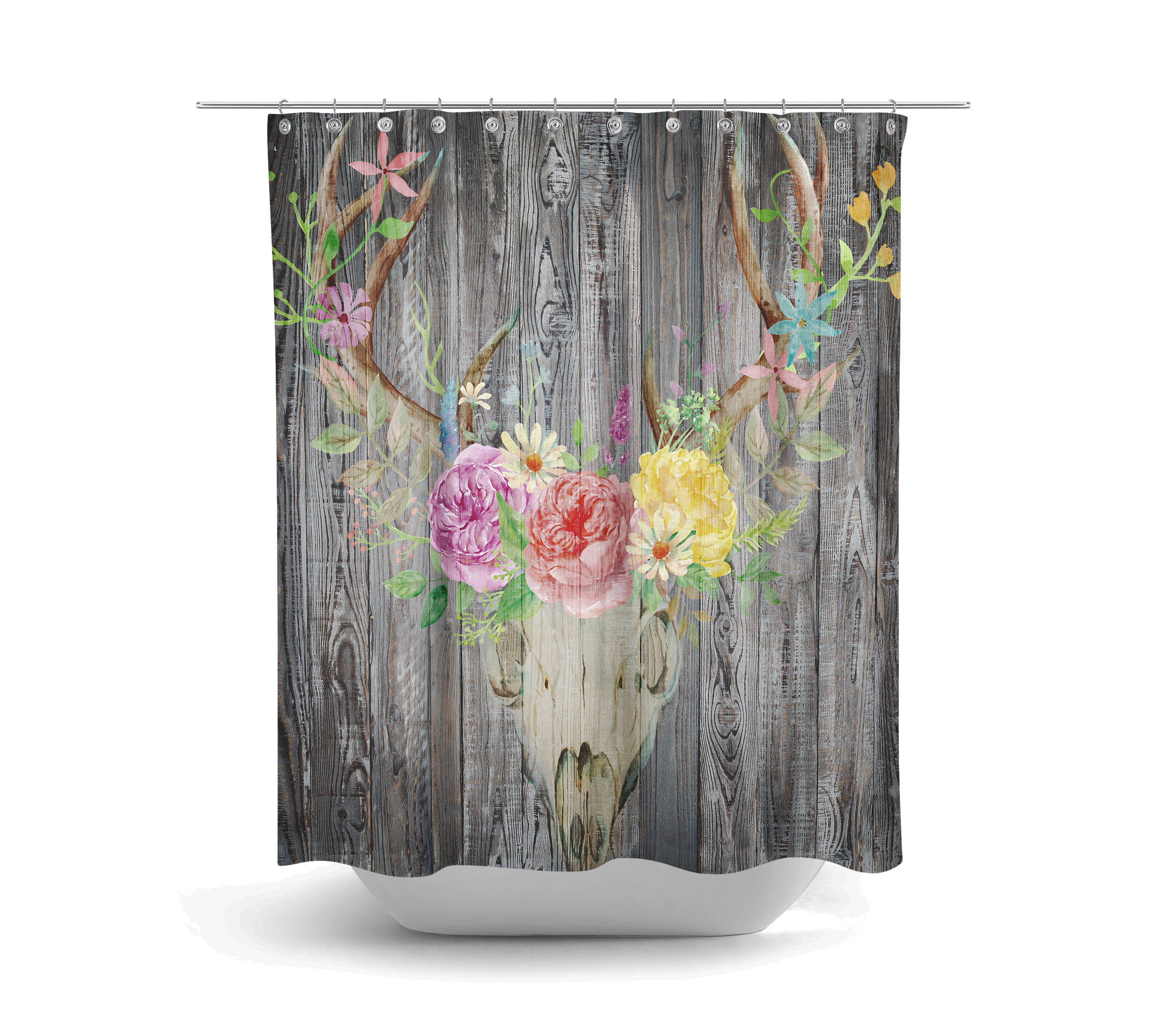 Rustic Faux Wood Deer Skull Floral Shower Curtain - Country Bath Curtain Bathroom Decor - Image 2