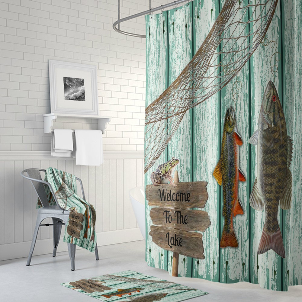 Rustic Fishing Grunge Shower Curtain with Primitive Weathered Wood Bathroom Decor
