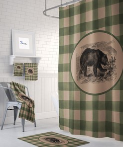 Rustic Green Buffalo Plaid Bear Shower Curtain with Optional Bathroom Set