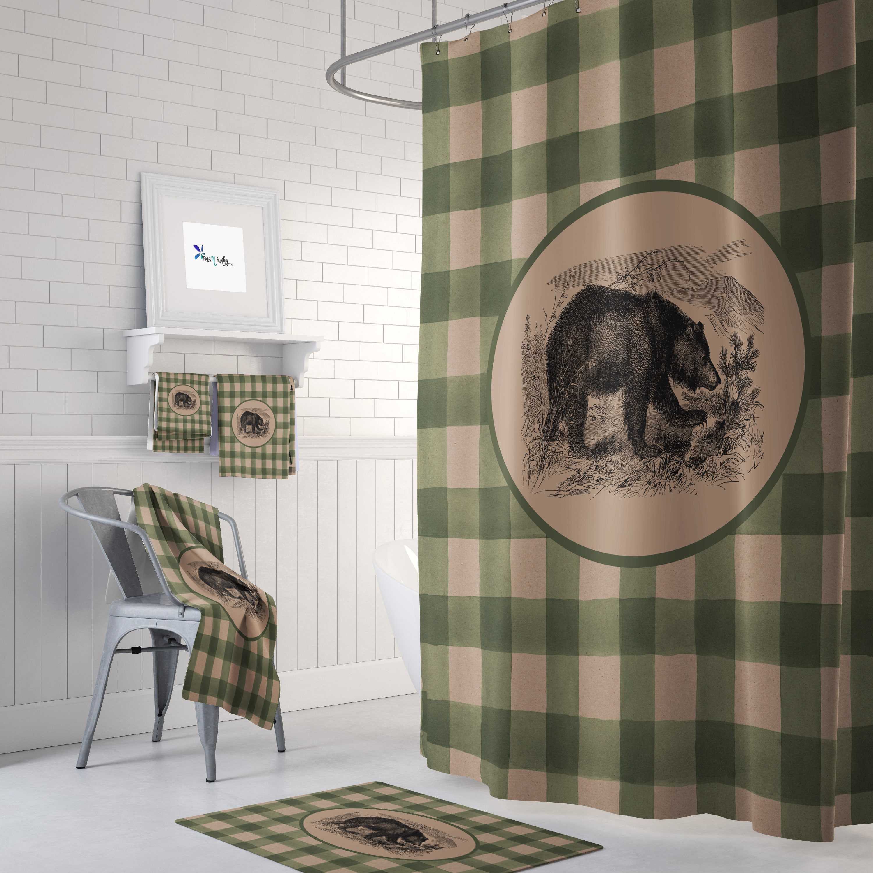 Rustic Green Buffalo Plaid Bear Shower Curtain with Optional Bathroom Set