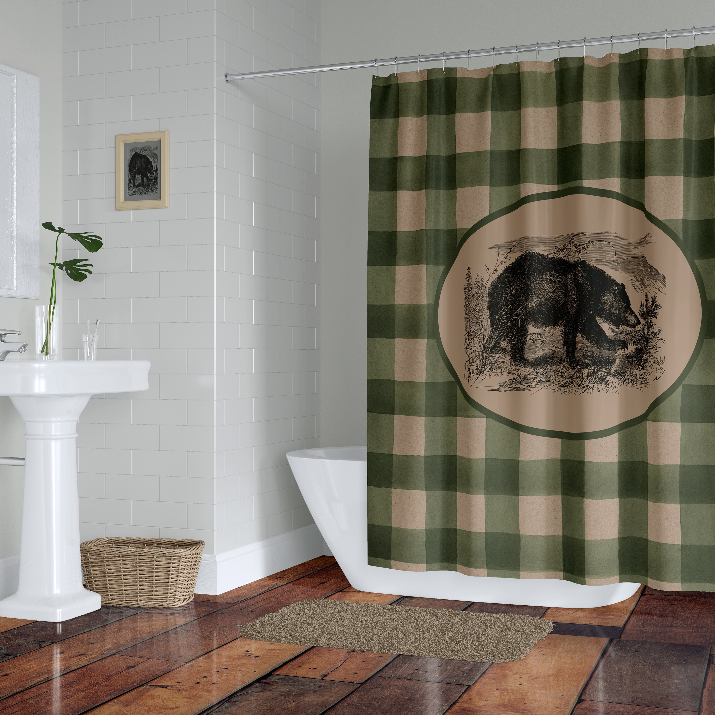 Rustic Green Buffalo Plaid Bear Shower Curtain with Optional Bathroom Set - Image 2