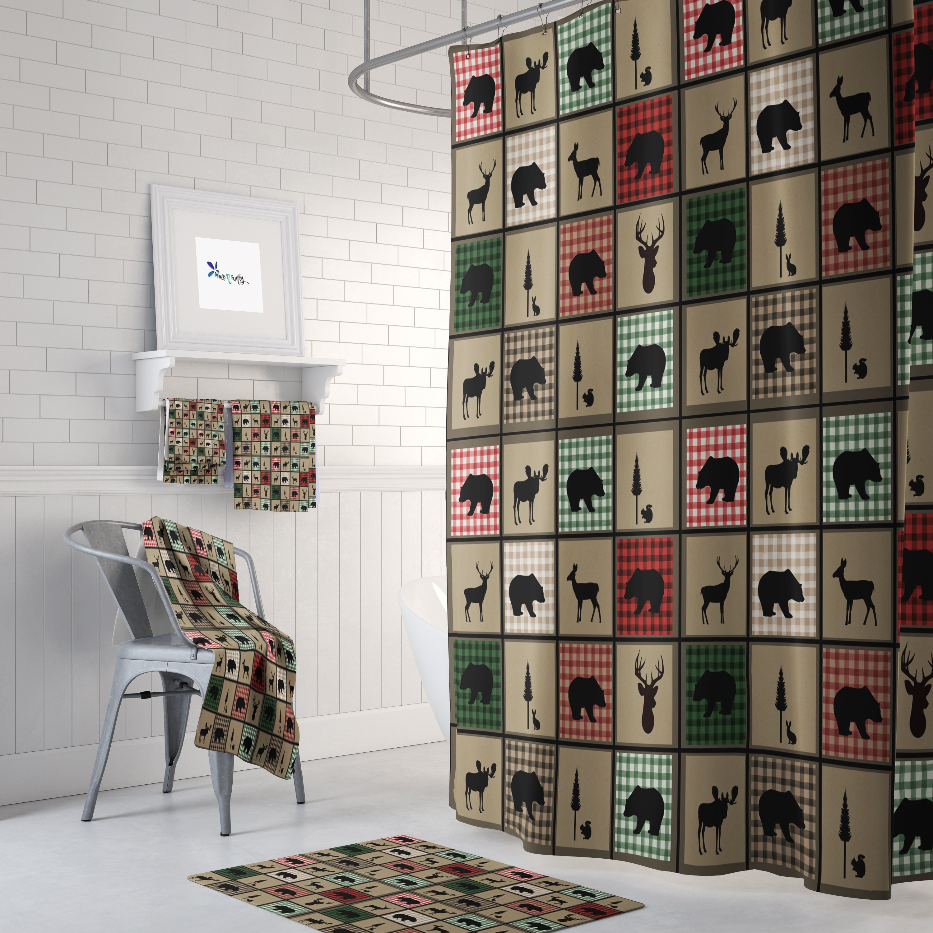 Rustic Lodge Buffalo Plaid Shower Curtain with Matching Bath Accessories