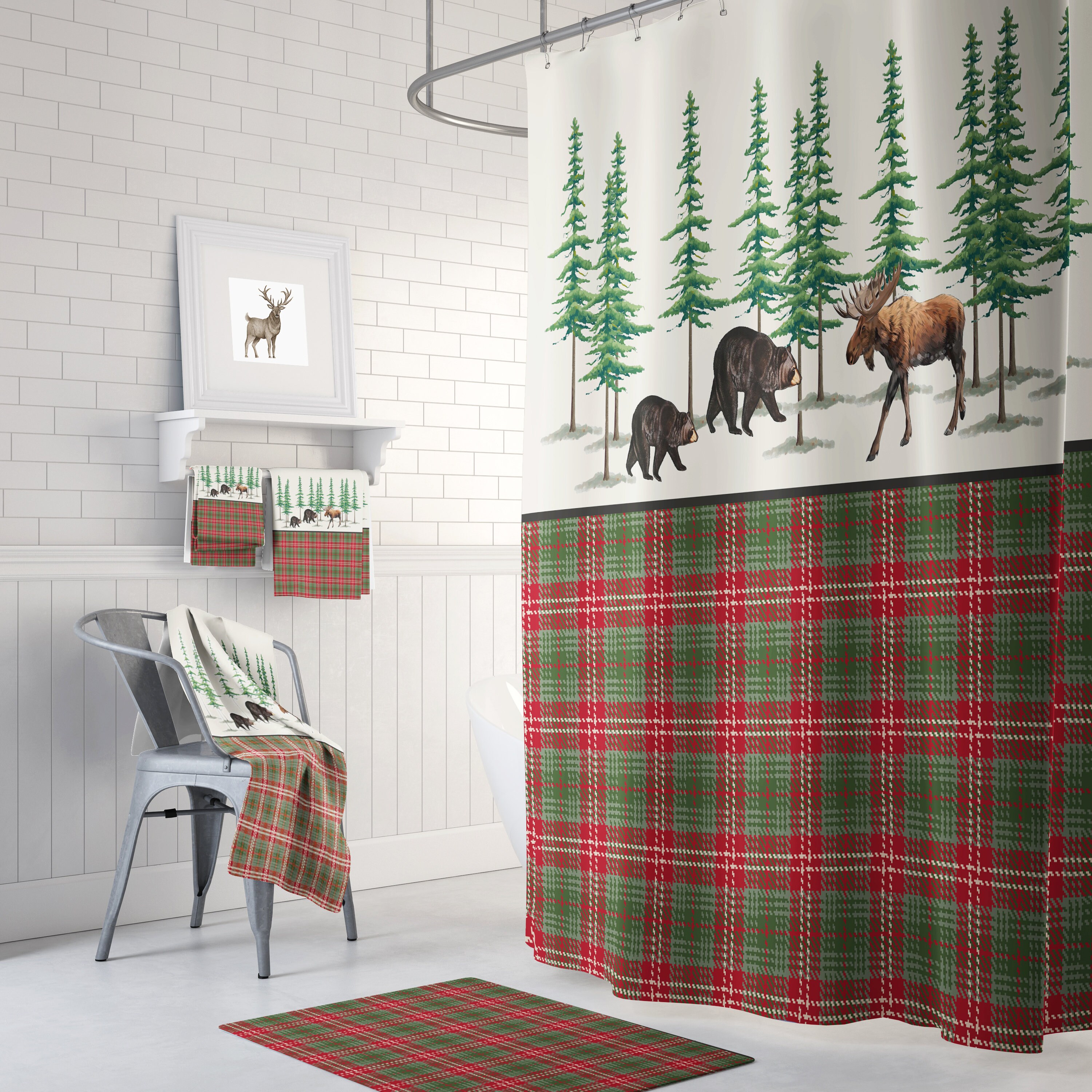 Rustic Lodge Vintage Woodland Shower Curtain Set with Optional Bathroom Accessories for a Woodland Lodge Theme Bathroom