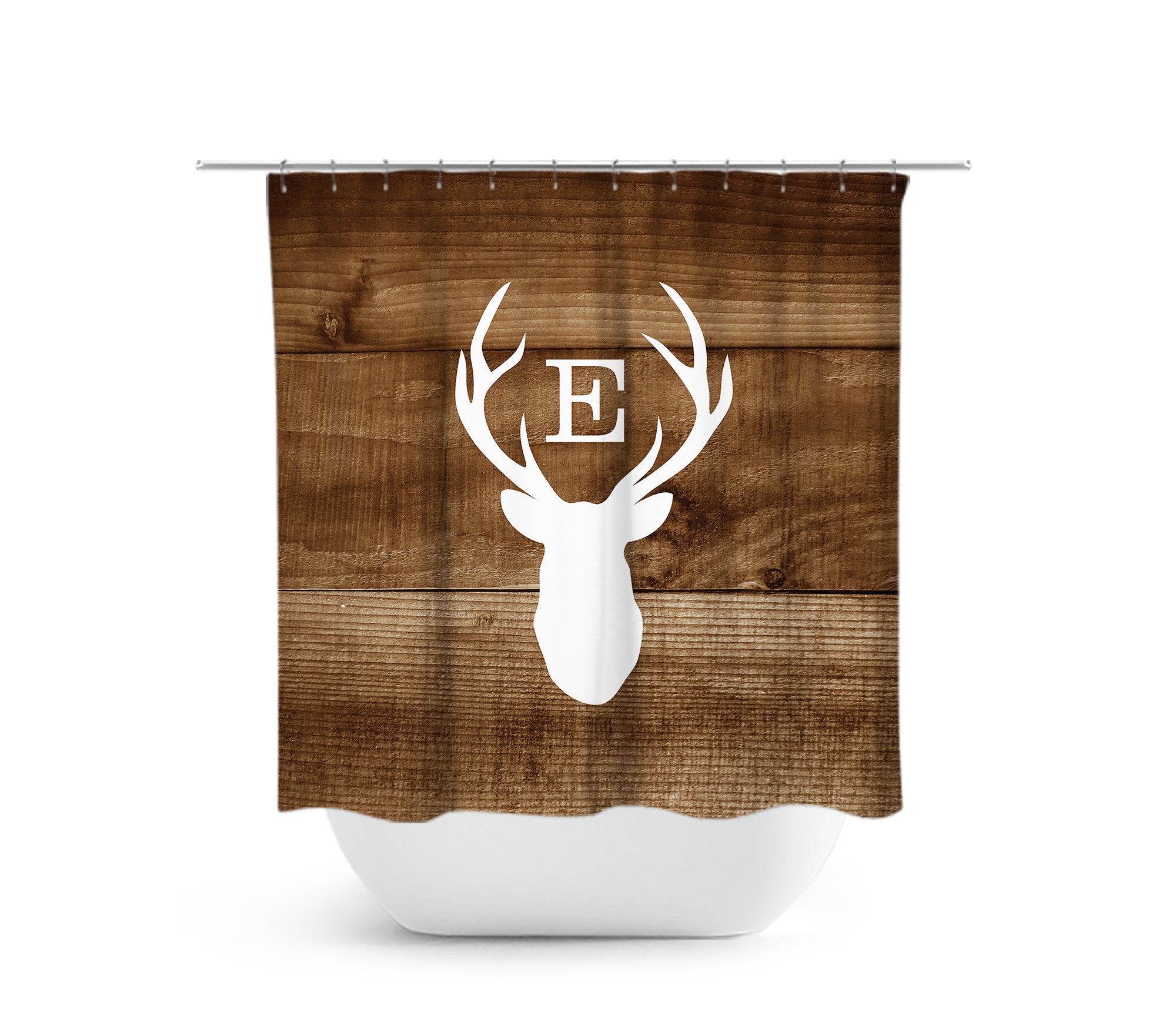 Rustic Monogram Shower Curtain, Deer Head Antler Bathtub Curtain, Woodland Bathroom, Boy Bathroom - SHOWER49