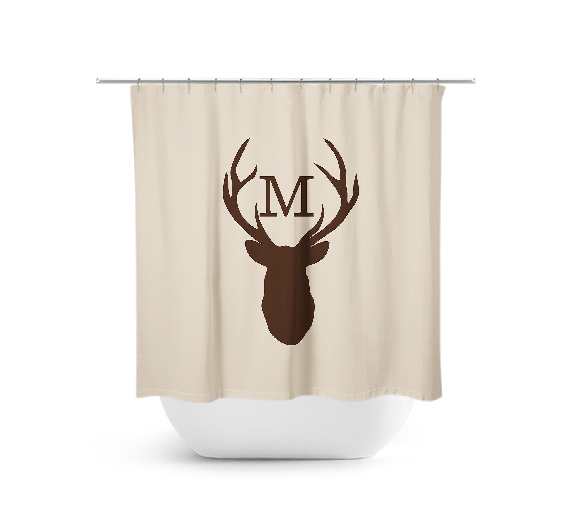 Rustic Monogram Shower Curtain, Deer Head Antler Bathtub Curtain, Woodland Bathroom, Brown Boy Bathroom - SHOWER70