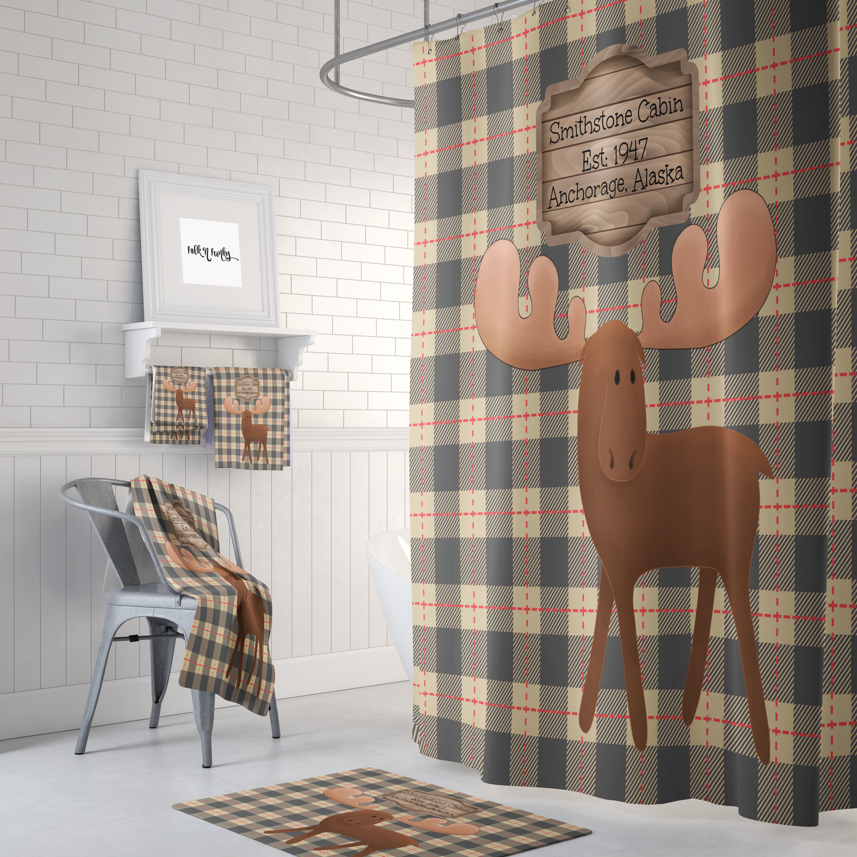 Rustic Moose Plaid Personalized Shower Curtain, Cabin Bathroom Decor with Best Shower Curtains for Men