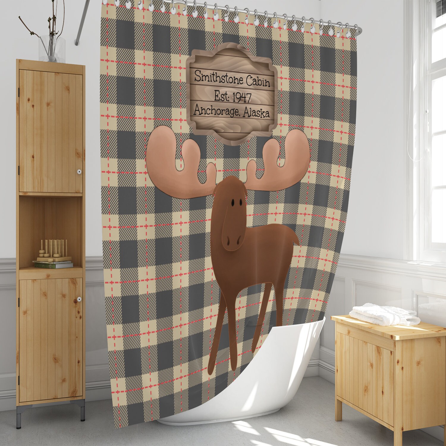 Rustic Moose Plaid Personalized Shower Curtain, Cabin Bathroom Decor with Best Shower Curtains for Men - Image 2