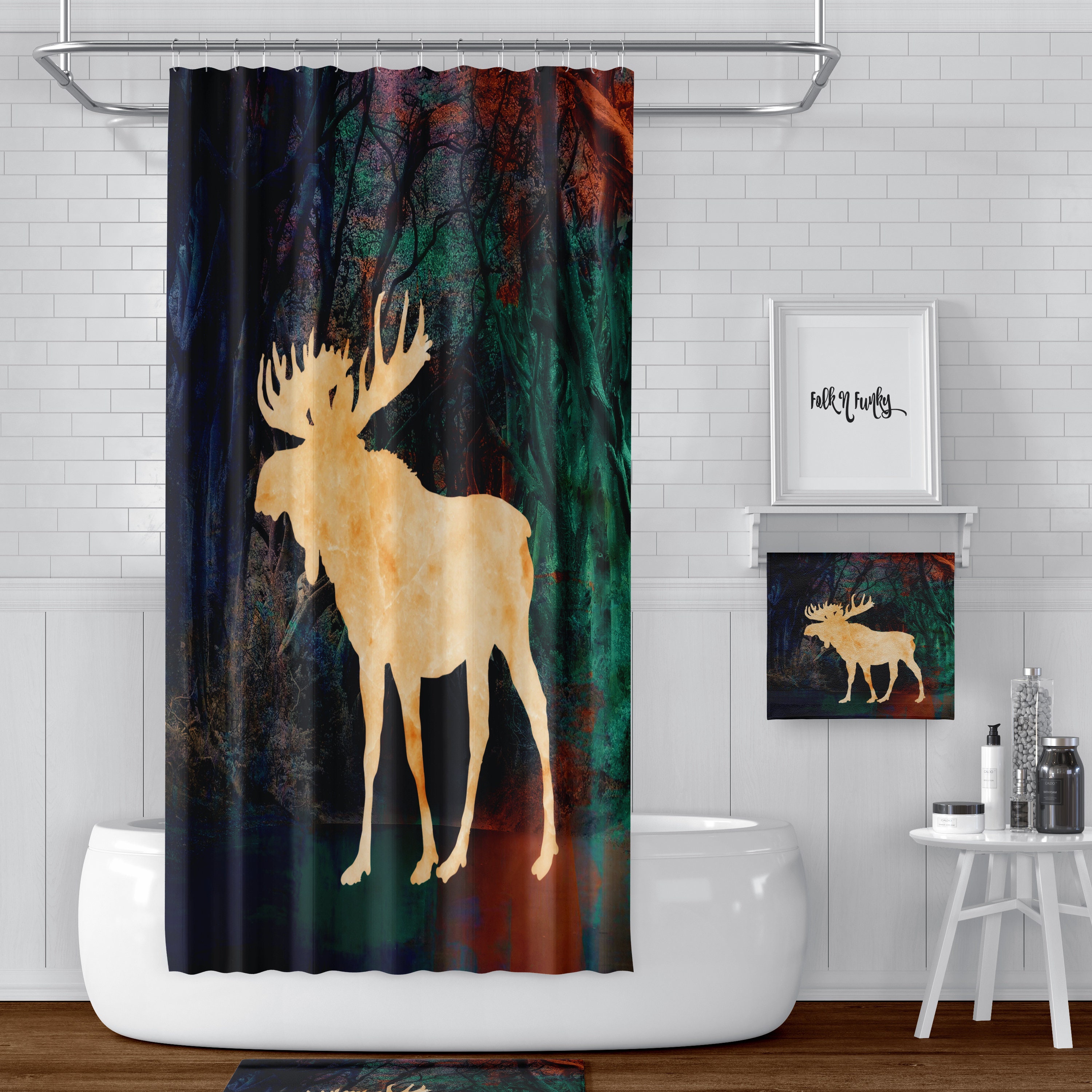 Rustic Moose Shower Curtain with Woodland Bathroom Decor - Image 2