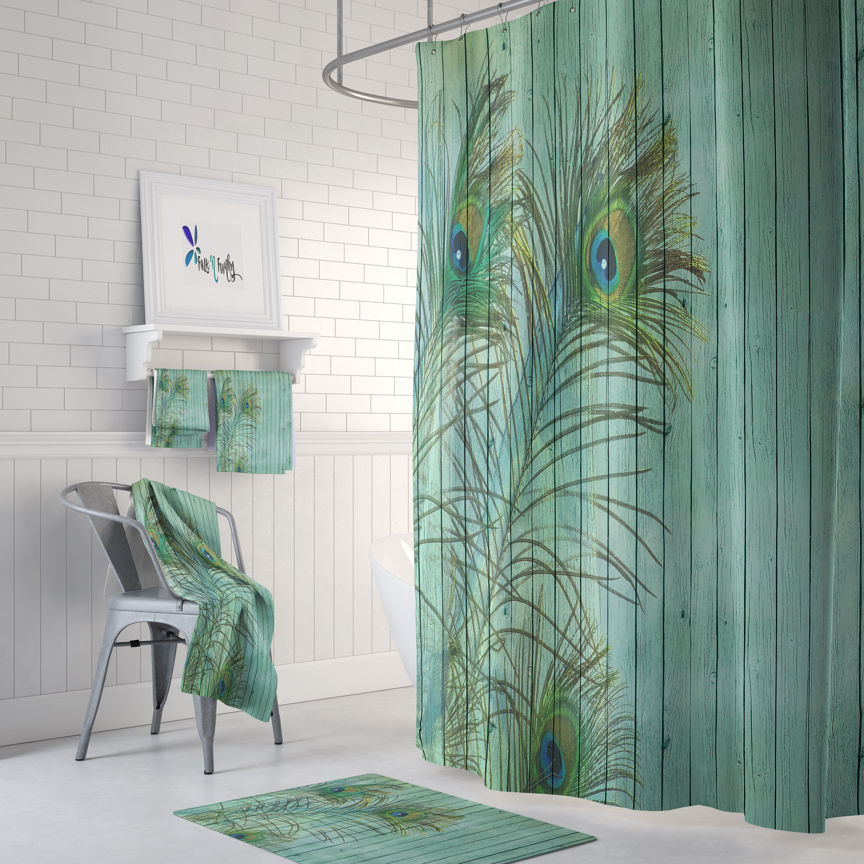 Rustic Peacock Feather Shower Curtain with Wildlife Bath Decor
