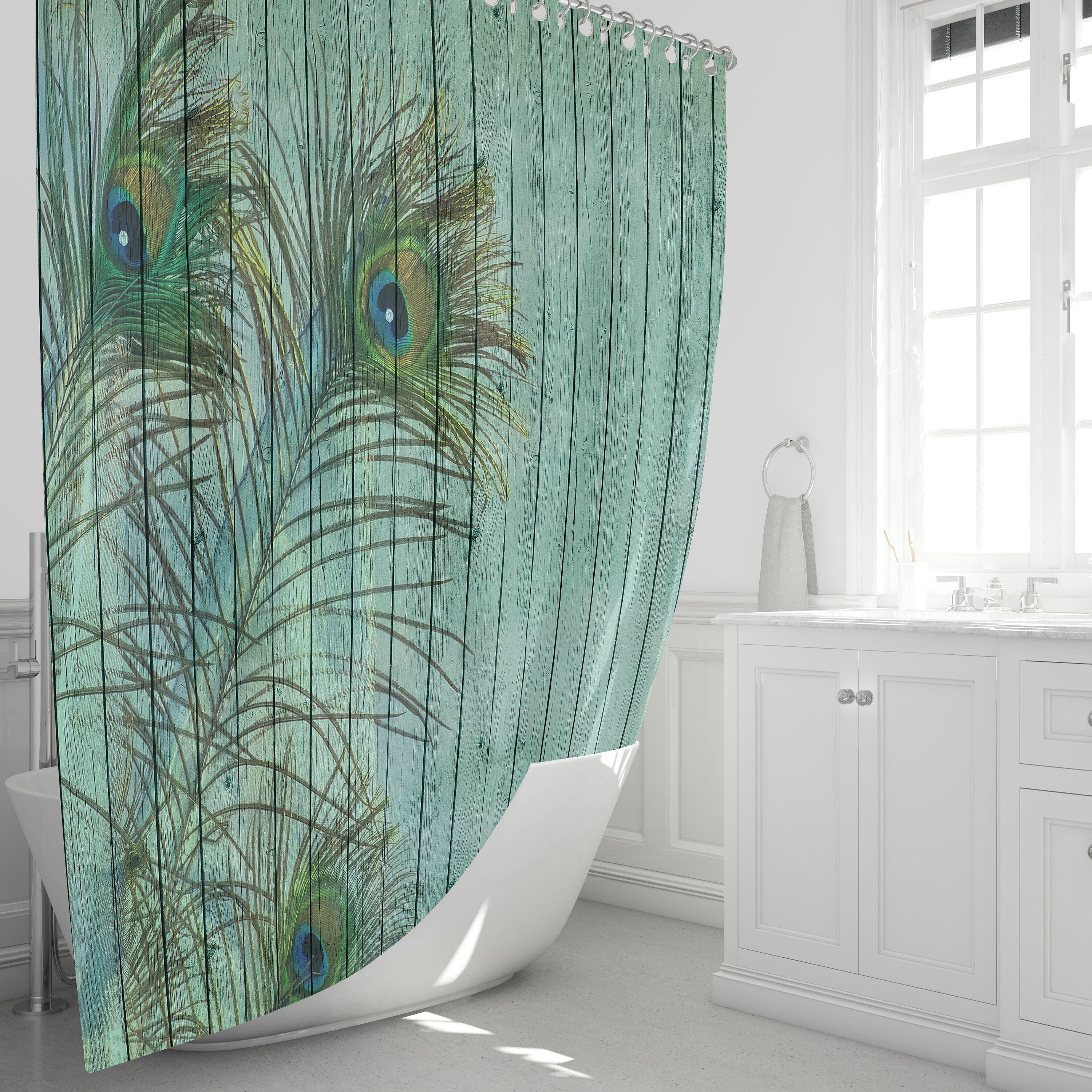 Rustic Peacock Feather Shower Curtain with Wildlife Bath Decor - Image 2