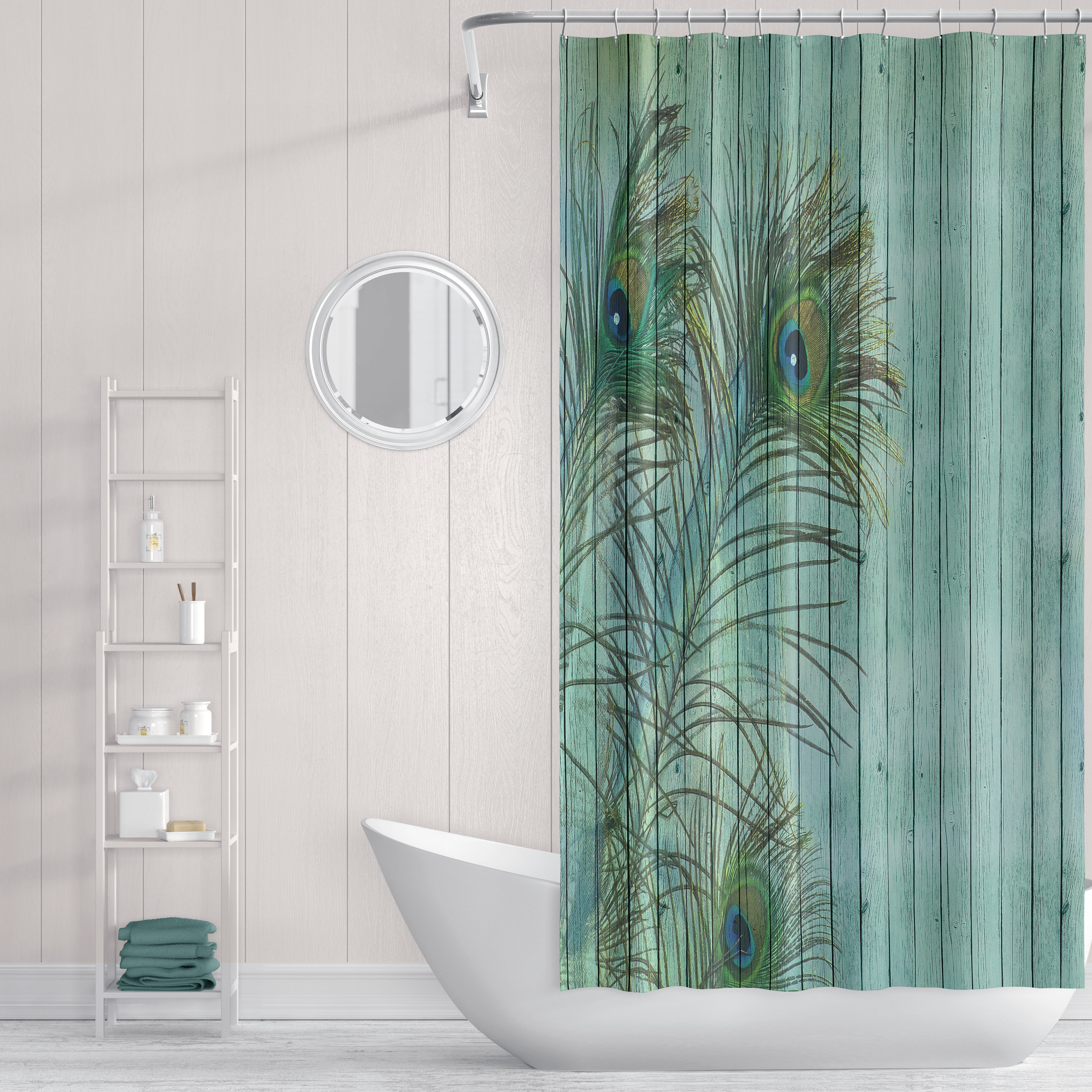 Rustic Peacock Feather Shower Curtain with Wildlife Bath Decor - Image 3