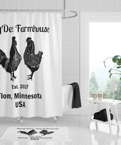 Rustic Personalized Rooster Chicken Poultry Farm Shower Curtain, Farmhouse Chic Design with Black and White Faux Burlap