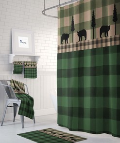 Rustic Plaid Bear Shower Curtain Set with Green Buffalo Plaid Bath Accessories