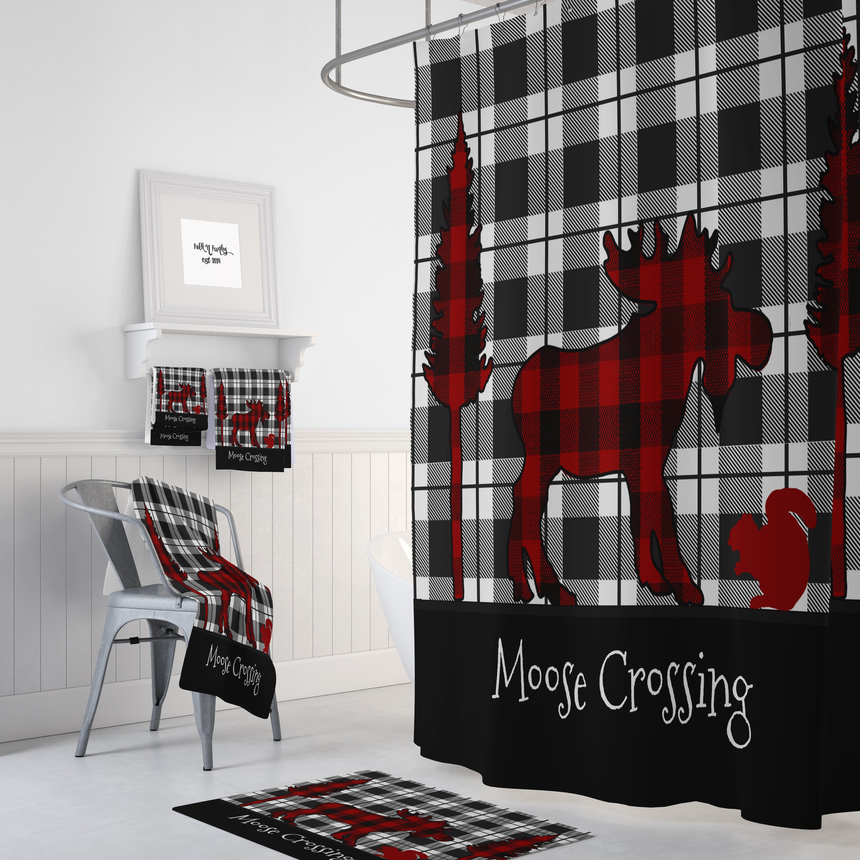 Rustic Plaid Moose Shower Curtain Set with Buffalo Plaid Bath Accessories