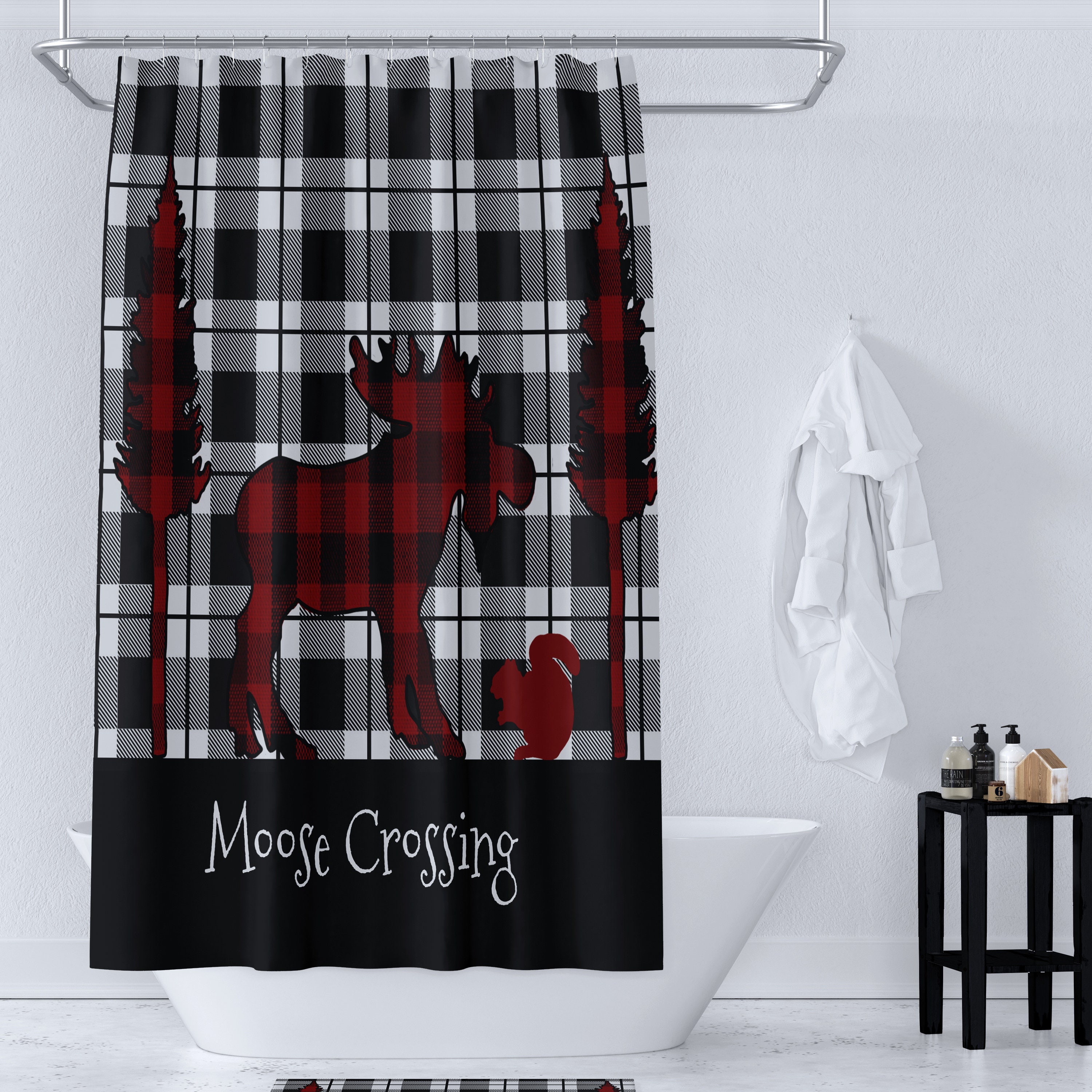 Rustic Plaid Moose Shower Curtain Set with Buffalo Plaid Bath Accessories - Image 2