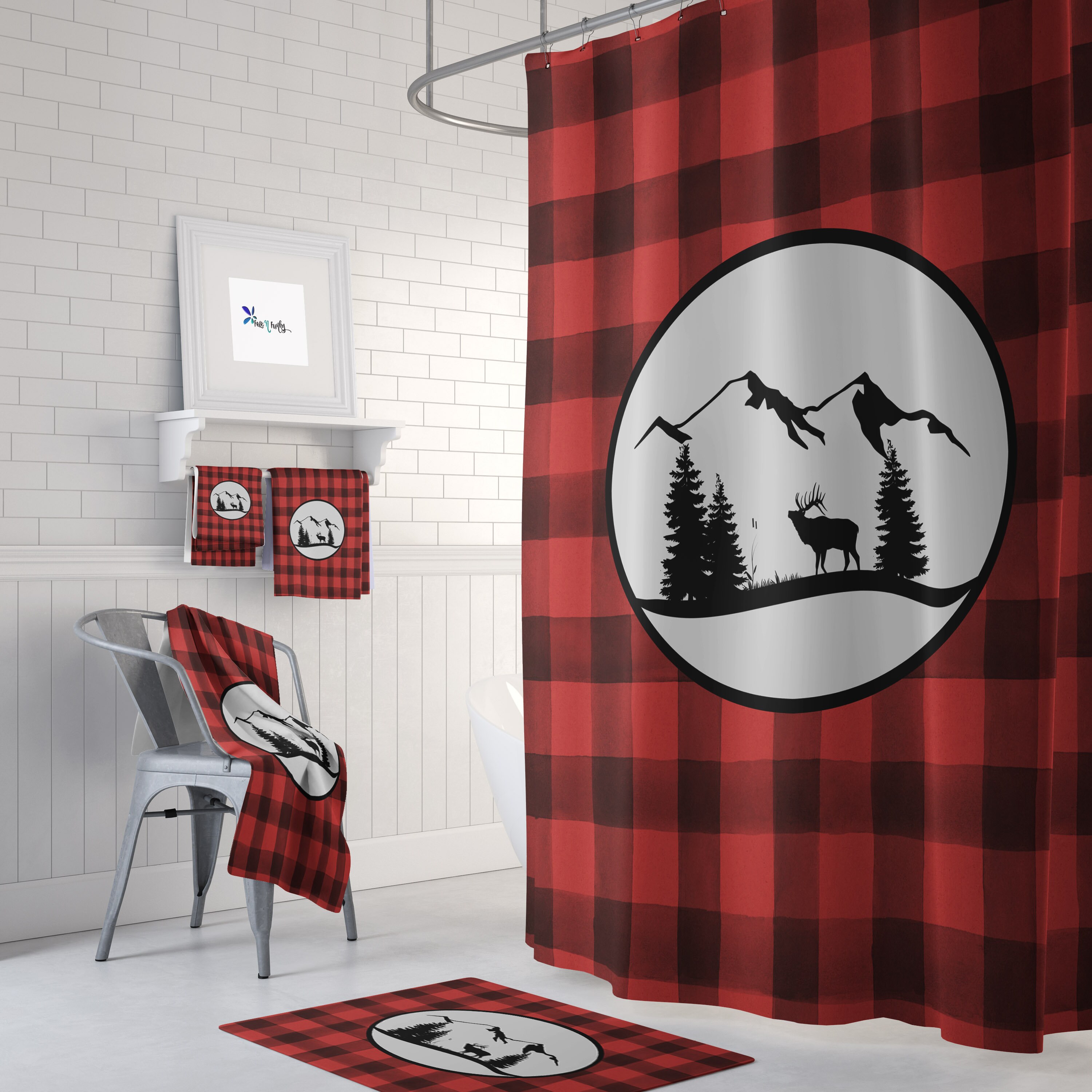 Rustic Plaid Moose Shower Curtain Set with Optional Buffalo Plaid Bathroom